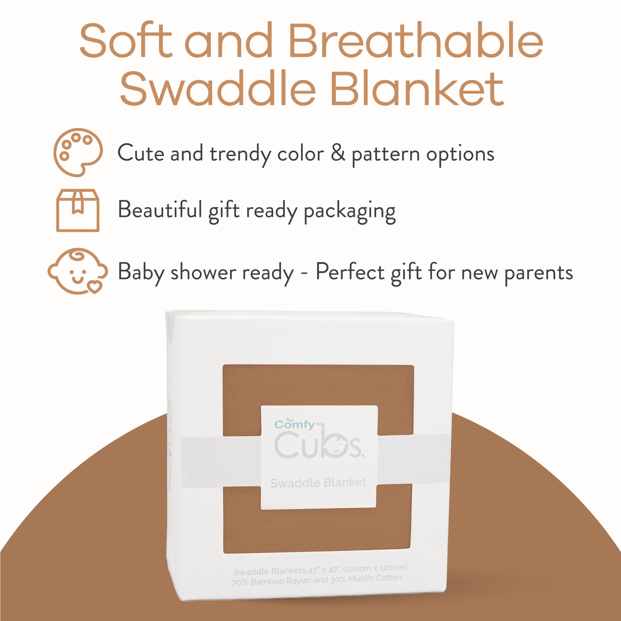 Muslin Swaddle Blanket, 1 Pack by Comfy Cubs in Caramel with Custom Options