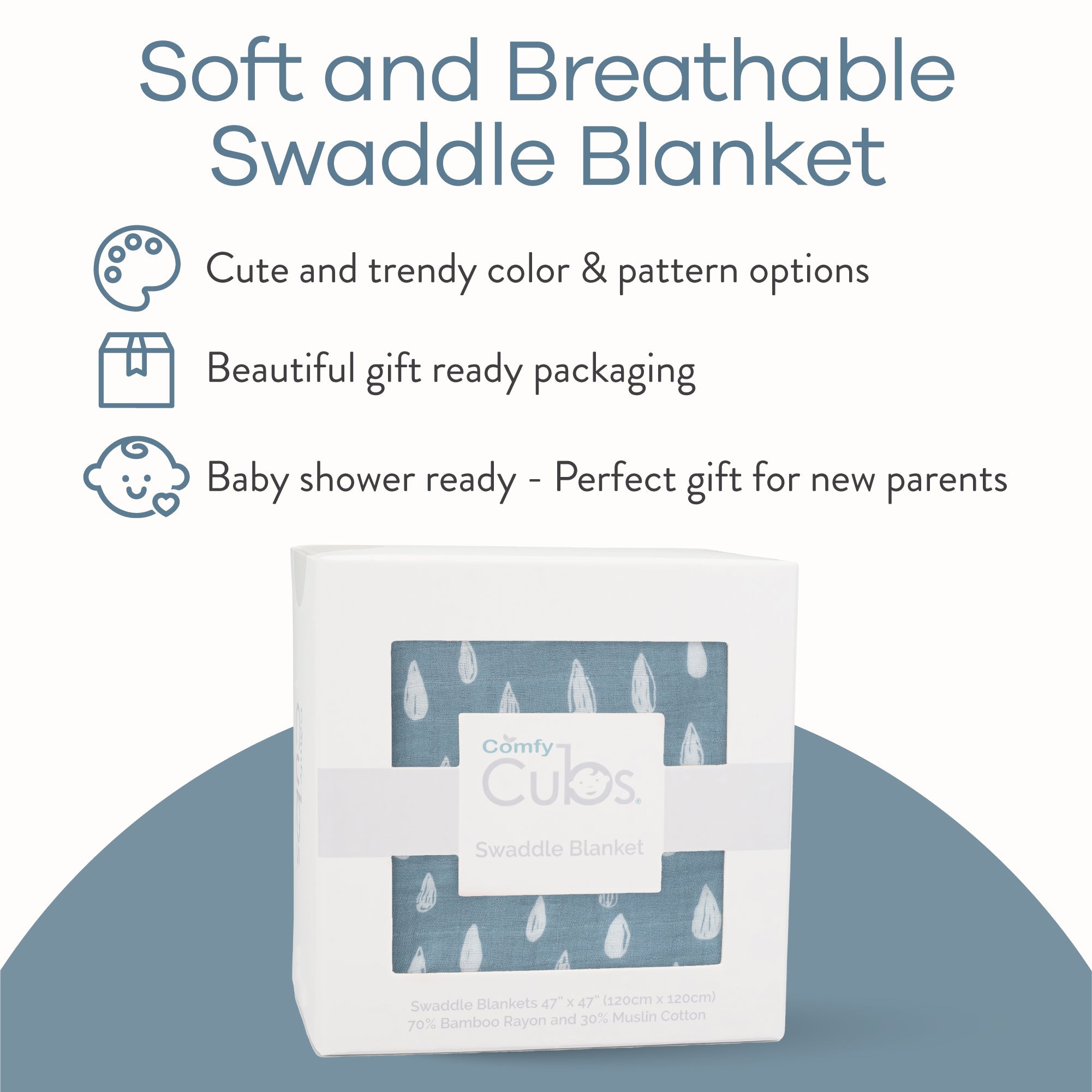 Muslin Swaddle Blanket, 1 Pack by Comfy Cubs in Blue Raindrops with Custom Options