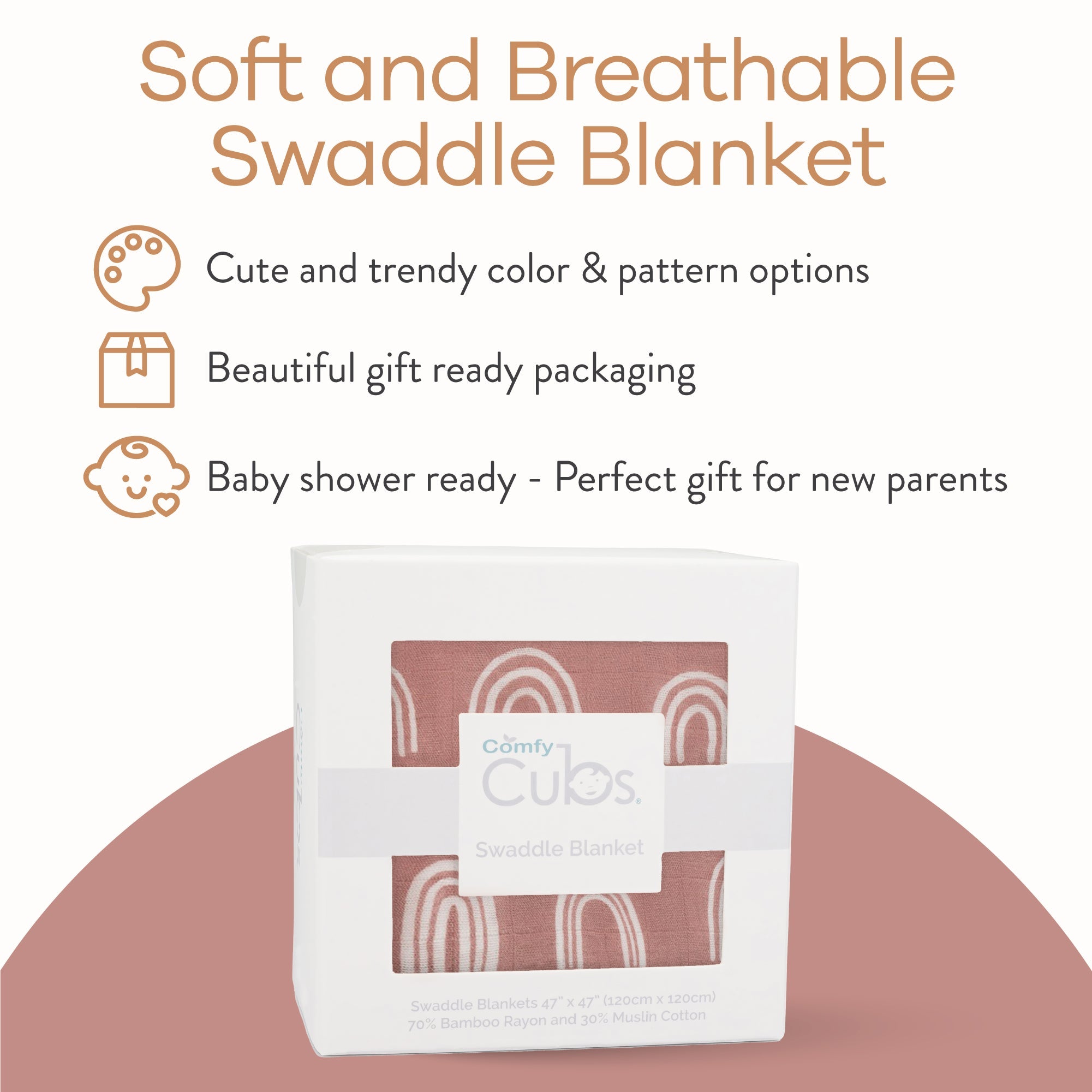 Muslin Swaddle Blanket, 1 Pack by Comfy Cubs in Mauve Rainbow with Custom Options