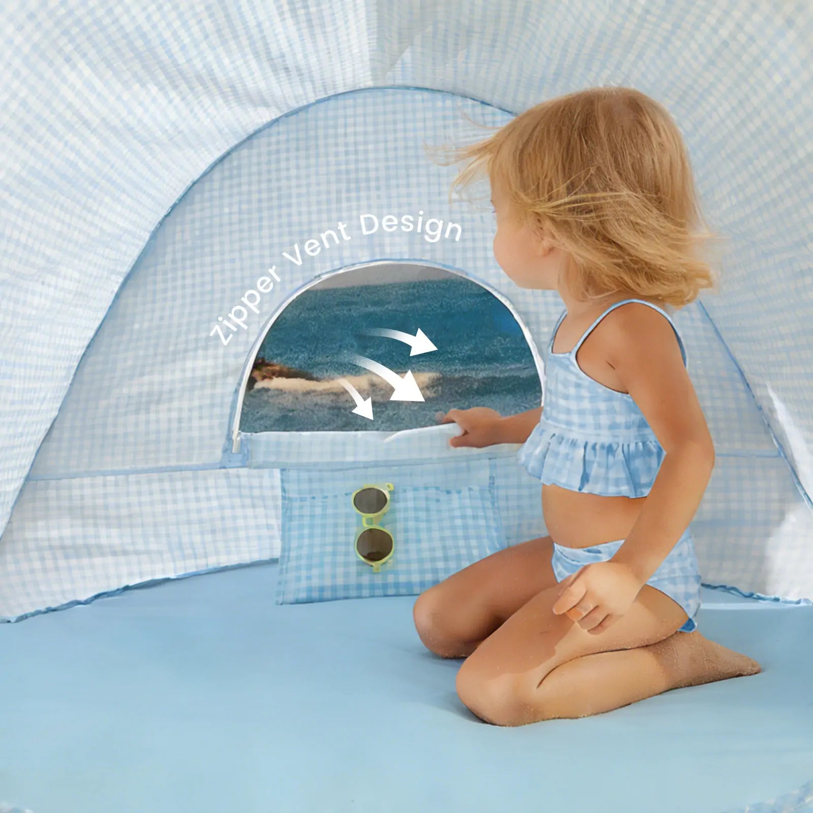 Tiny Land® One-Stop Beach Toy & Tent Set – Light Blue Gingham