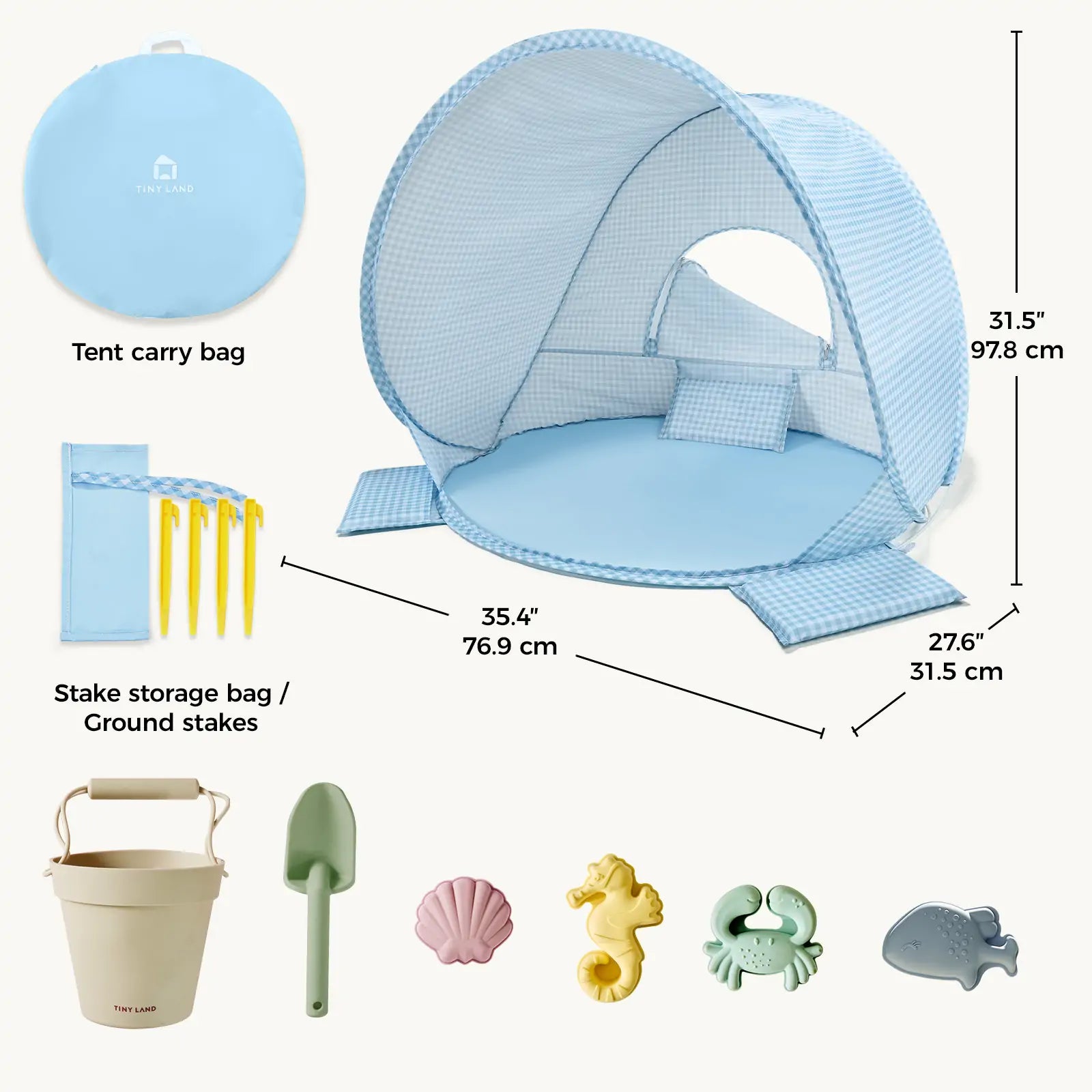 Tiny Land® One-Stop Beach Toy & Tent Set – Light Blue Gingham