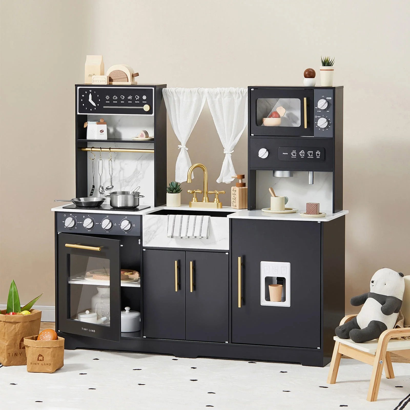 Tiny Land® Iconic Wooden Play Kitchen – Black Pretend Cooking Set for, image size:1600x1600