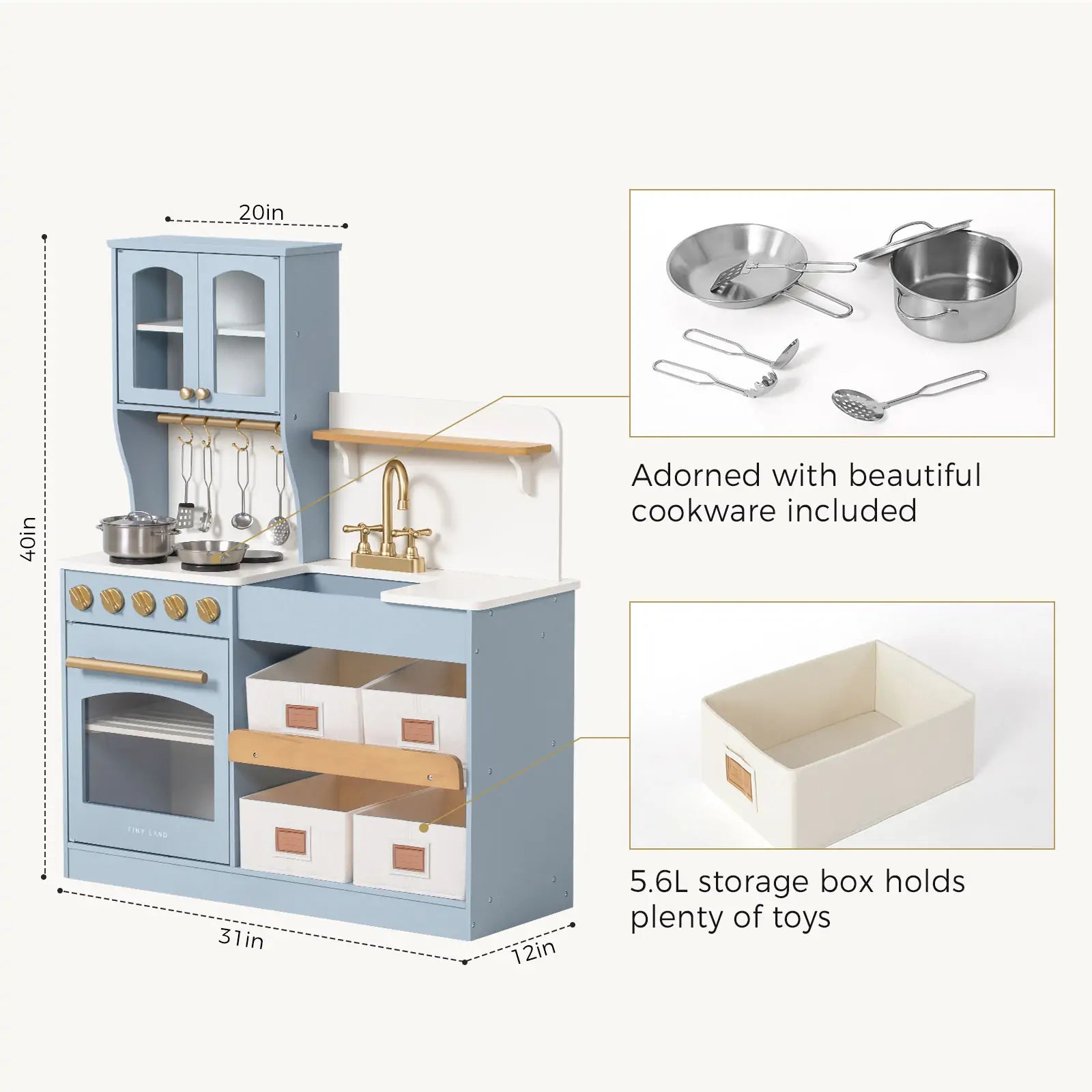 Tiny Land® Pretend Play Kitchen for Kids - Serenity Wooden Kitchen – Blue