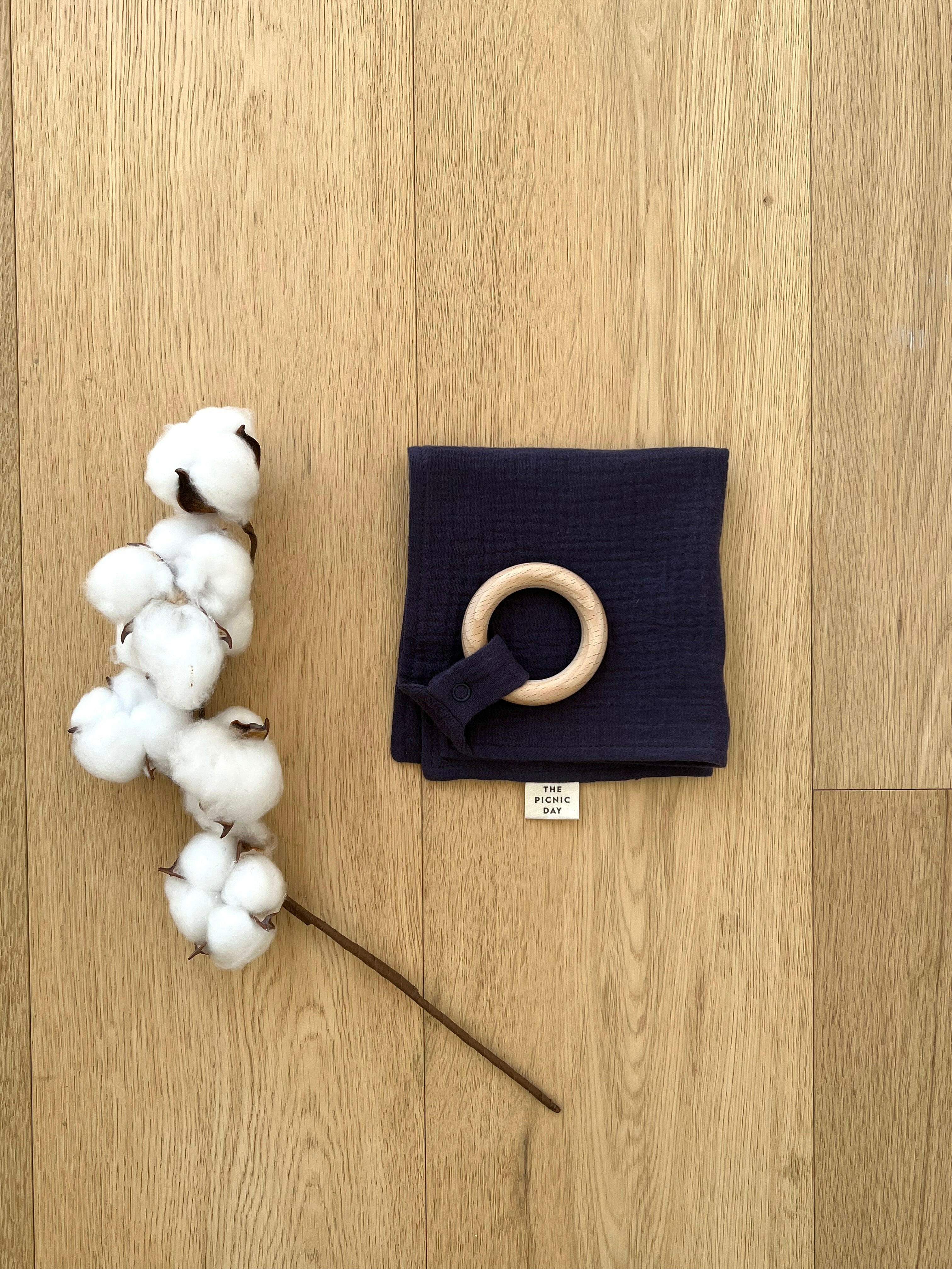 Organic Cotton Towel with Teething Ring Navy Burp Cloths The picnic day