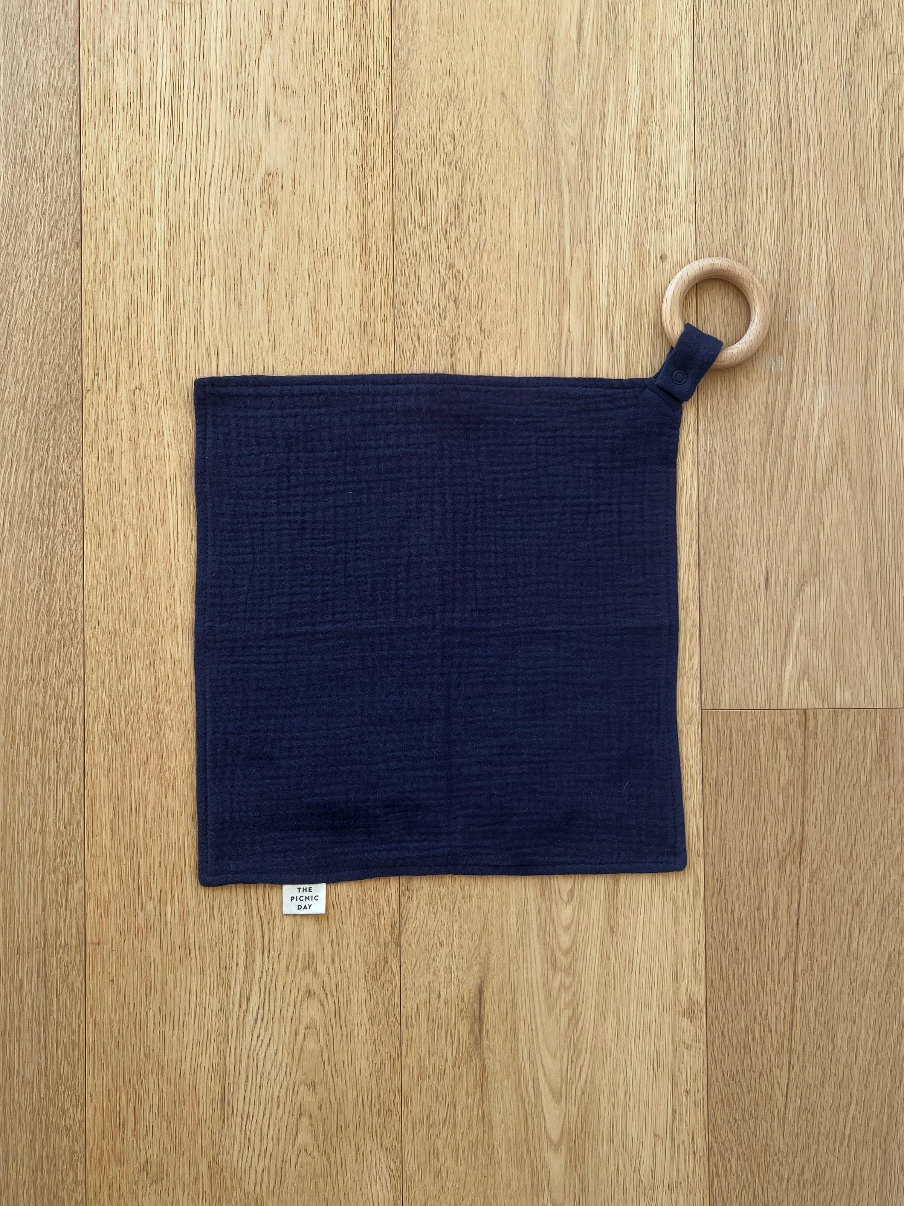 Organic Cotton Towel with Teething Ring Navy Burp Cloths The picnic day