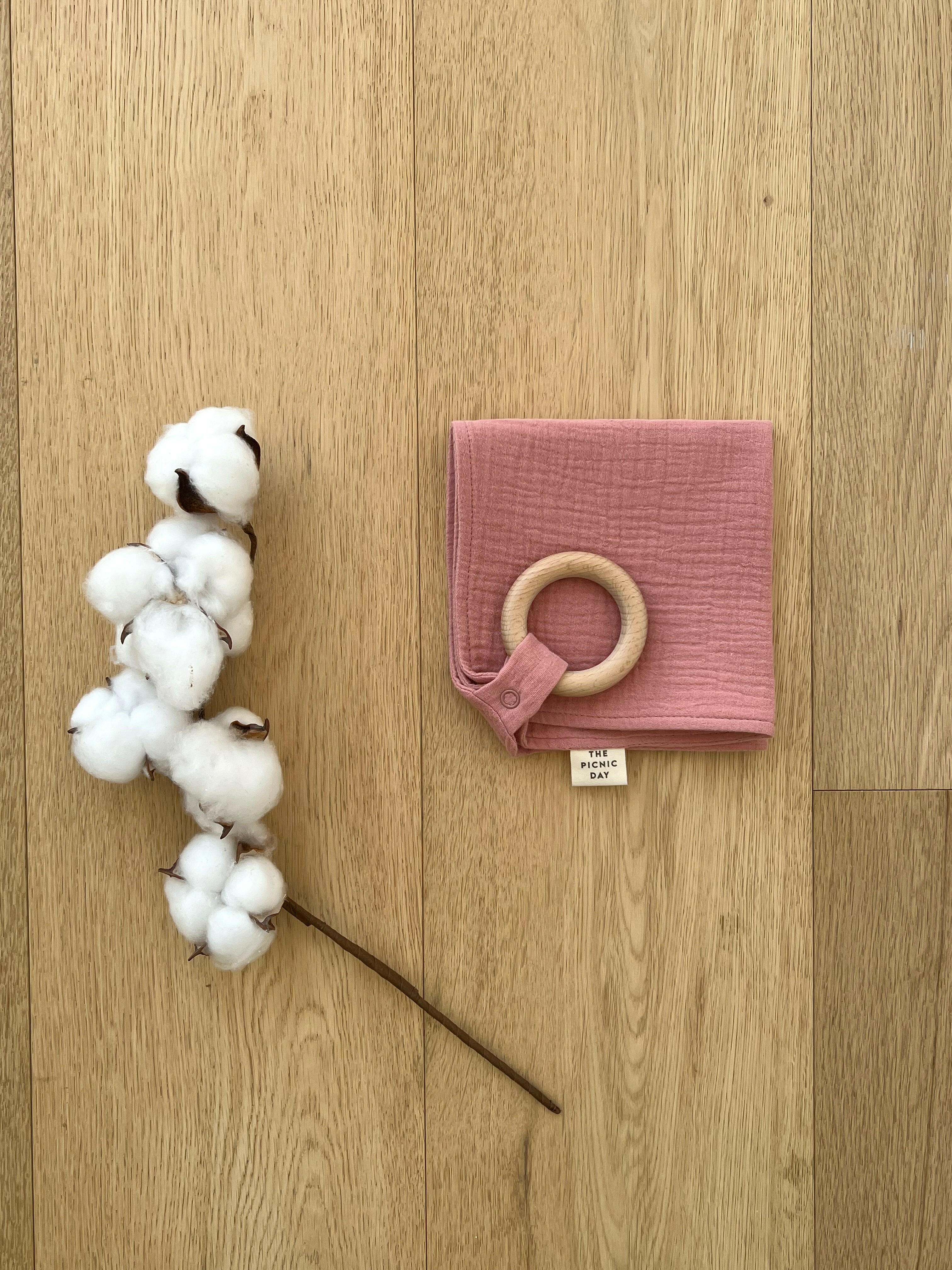 Organic Cotton Towel with Teething Ring Peach Burp Cloths The picnic day