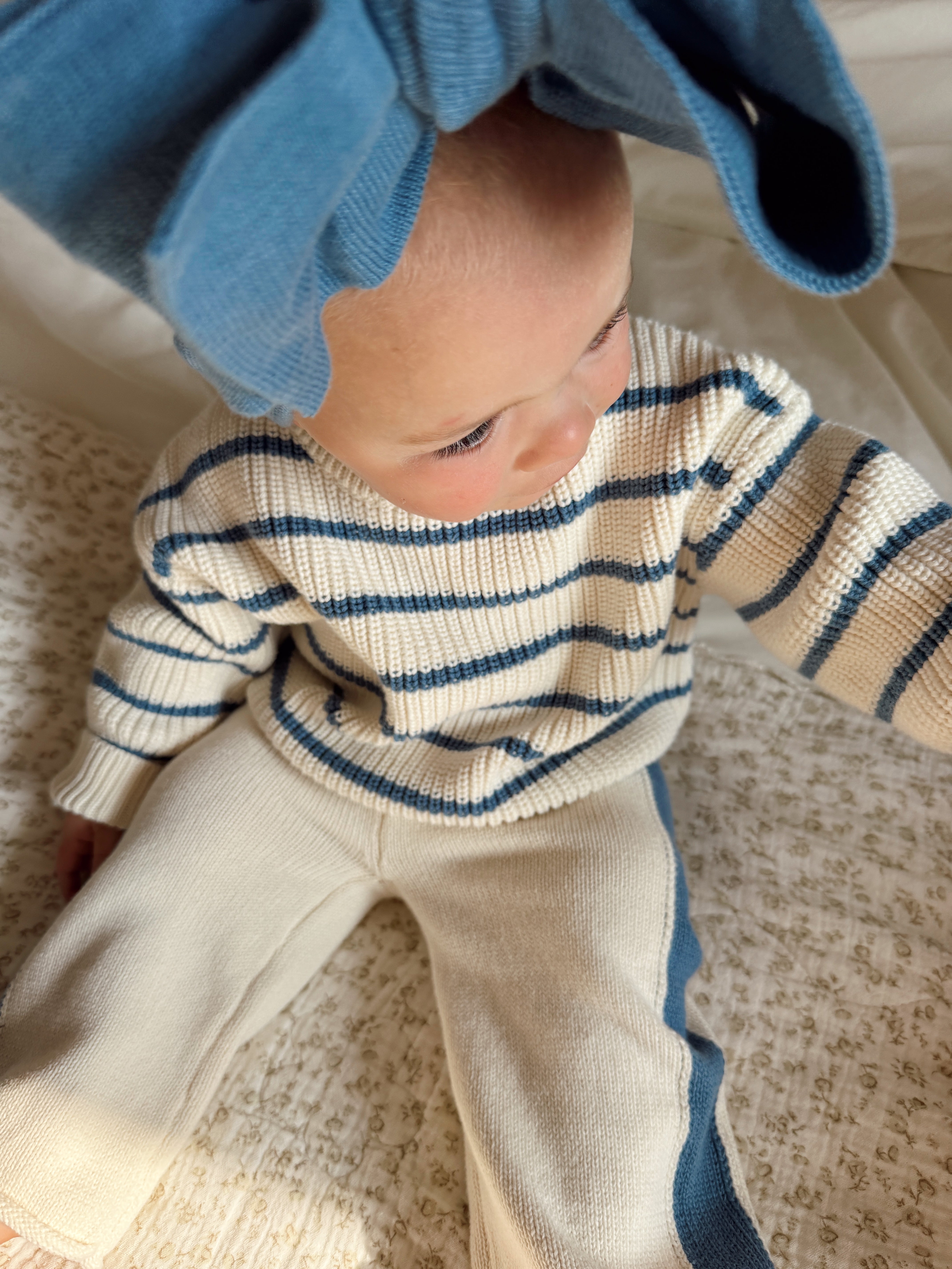 Knit Striped Pants - Cream & Denim Blue