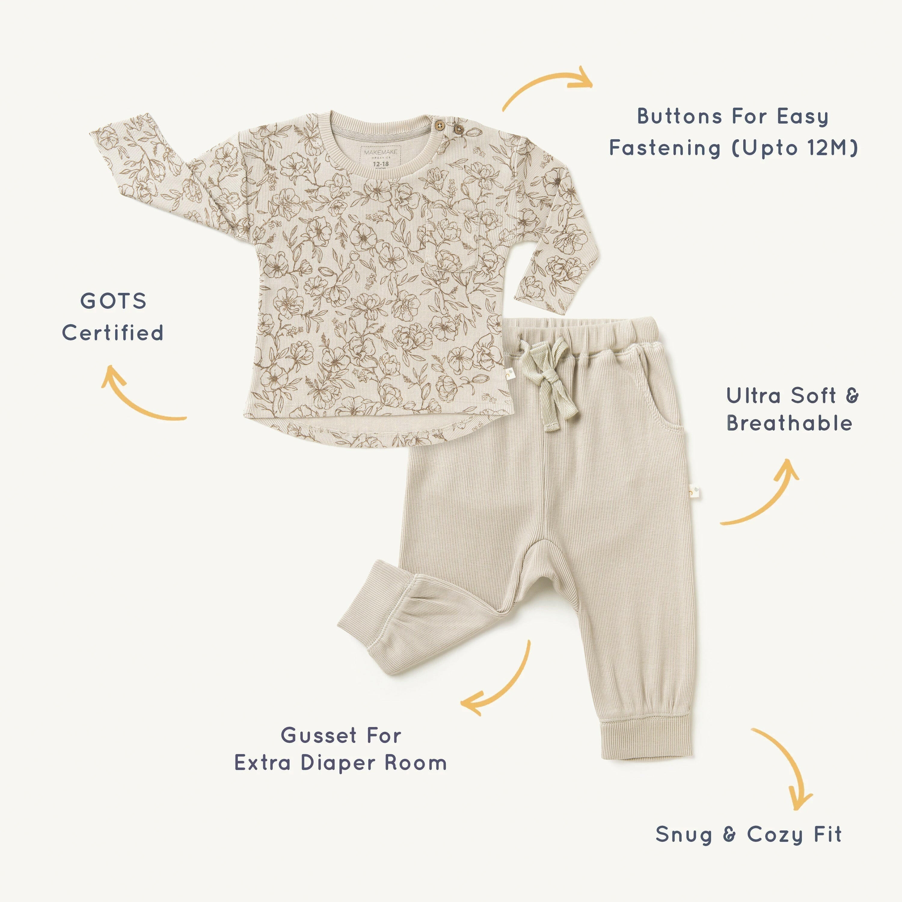 Organic Toddler T-shirt & Pant Set - Vintage Bloom Tee & Pant Set Makemake Organics