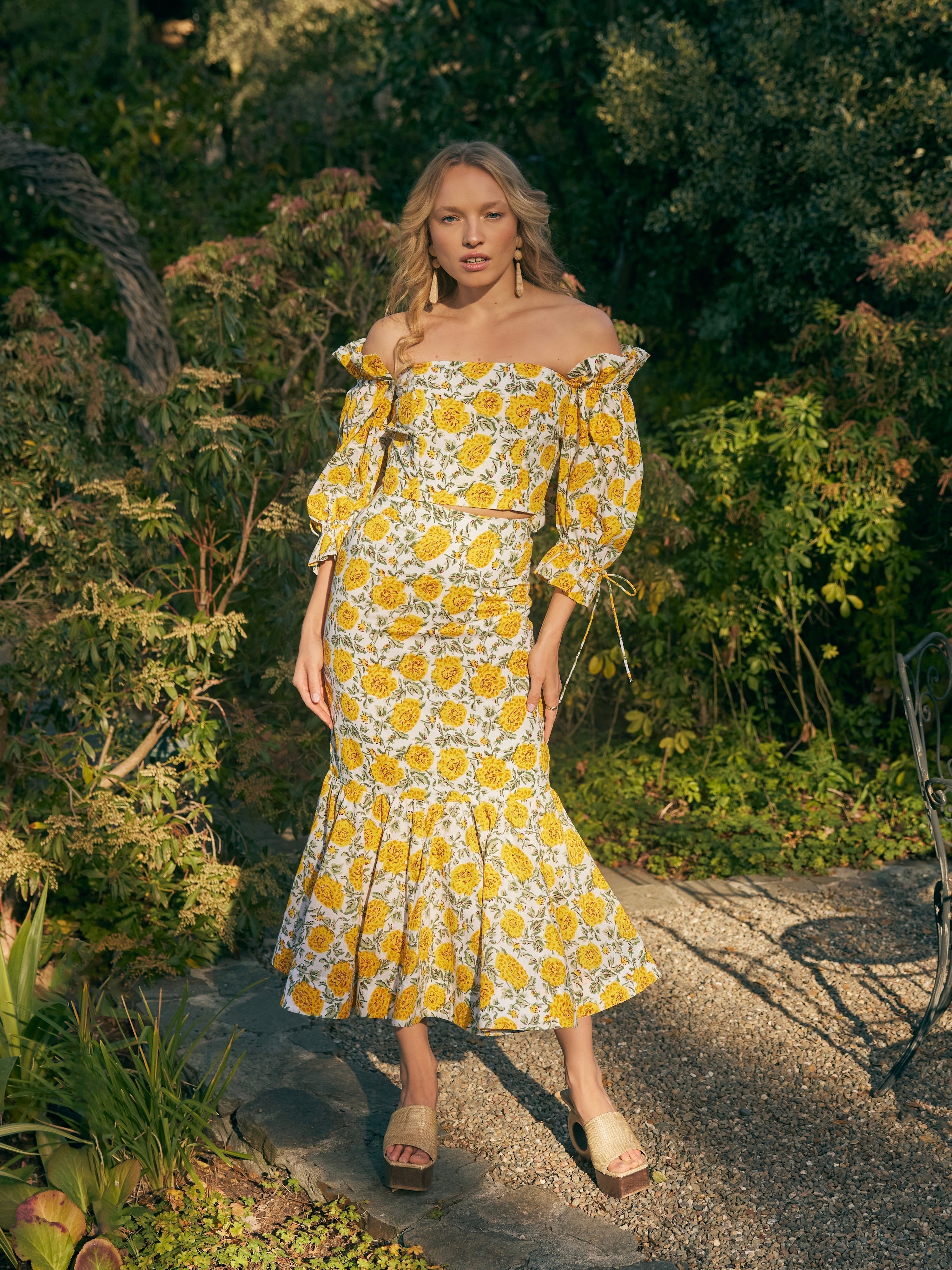 Casey Puff Sleeve Top - Cream/Canary Floral print