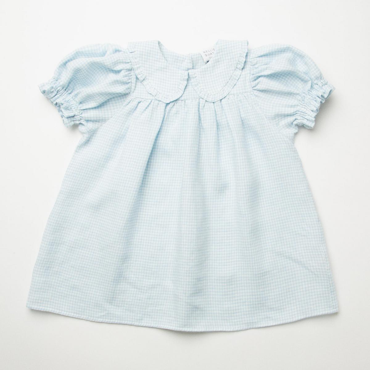 Kids Marbles Dress - Baby Blue And Milk Mini Check Linen