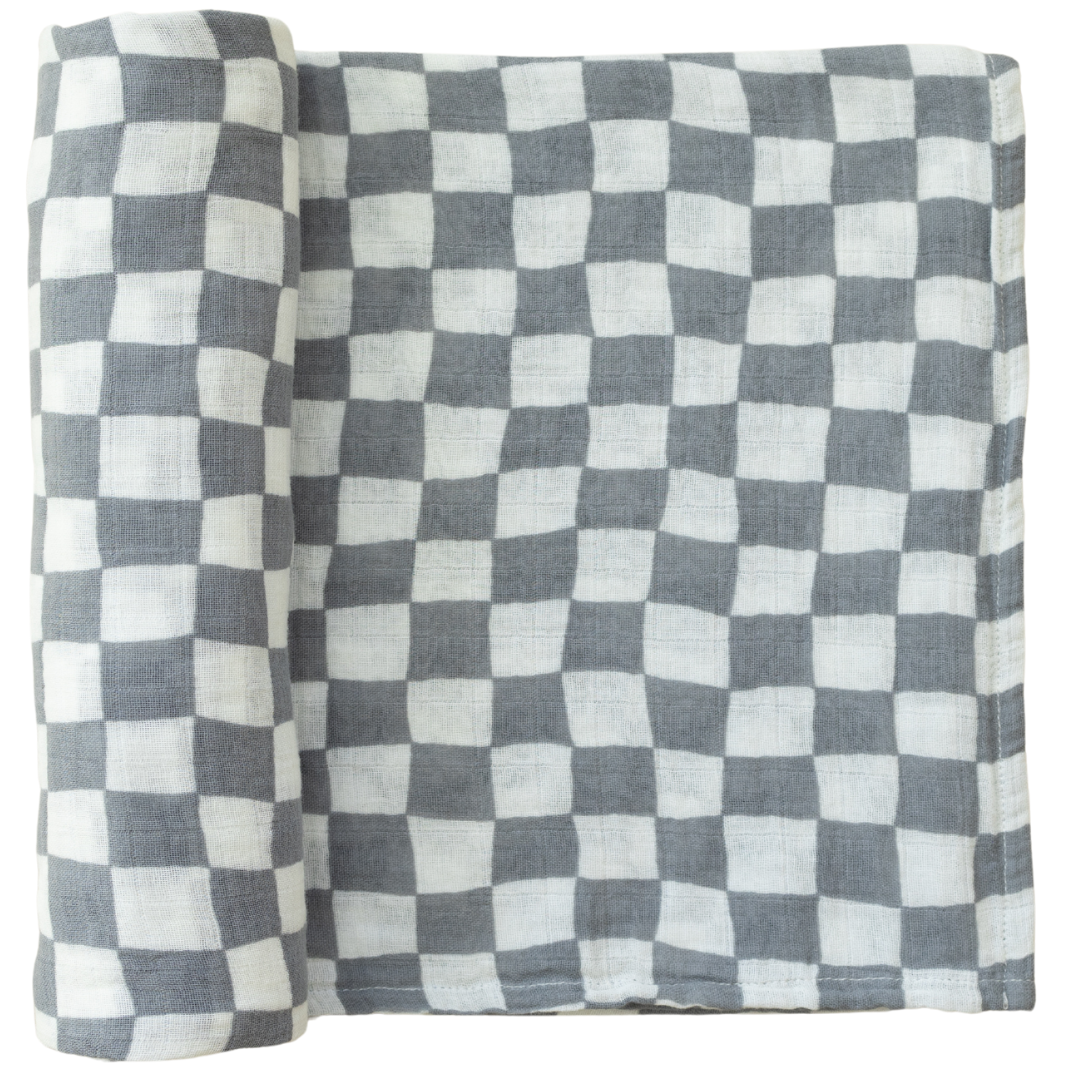 Dusty Blue Wavy Checkered Muslin Swaddle Blanket  Mebie Baby