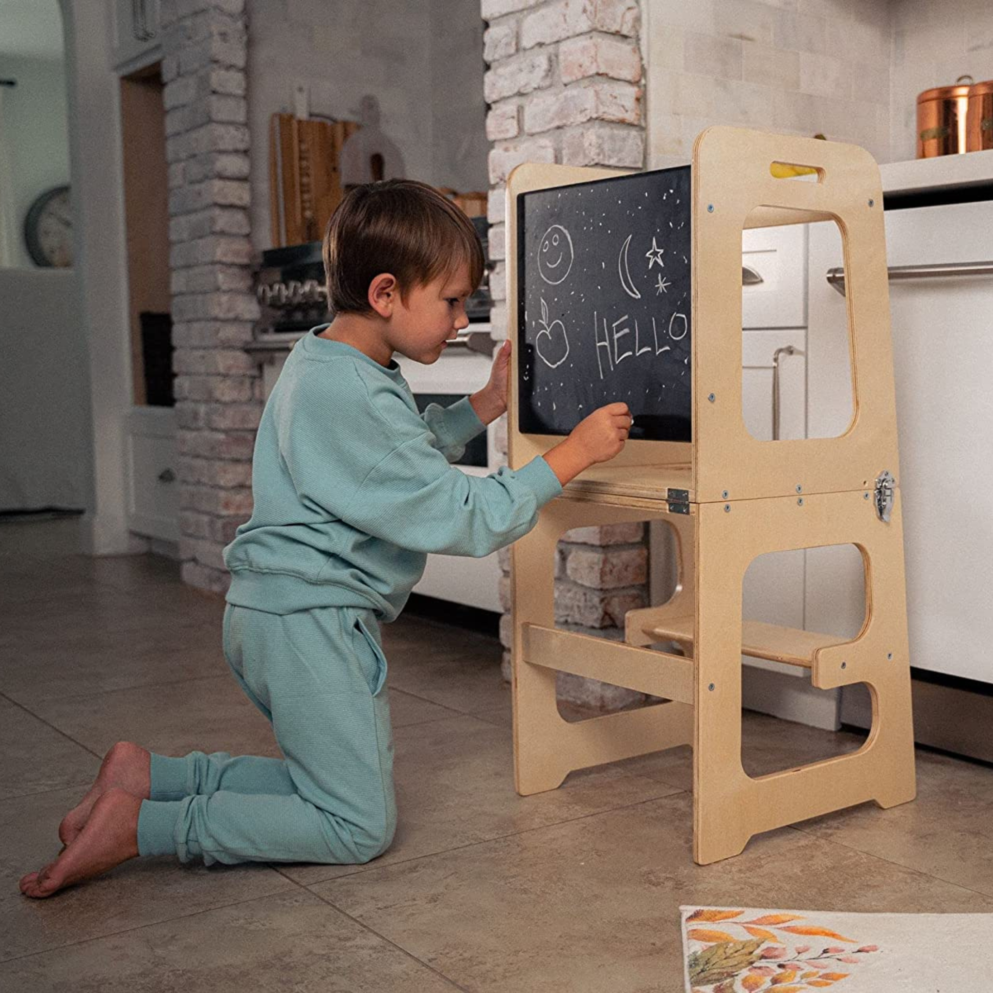 Date - 4 in 1 Kitchen Tower, Desk, Step Stool and Chalkboard Indoor Avenlur.com