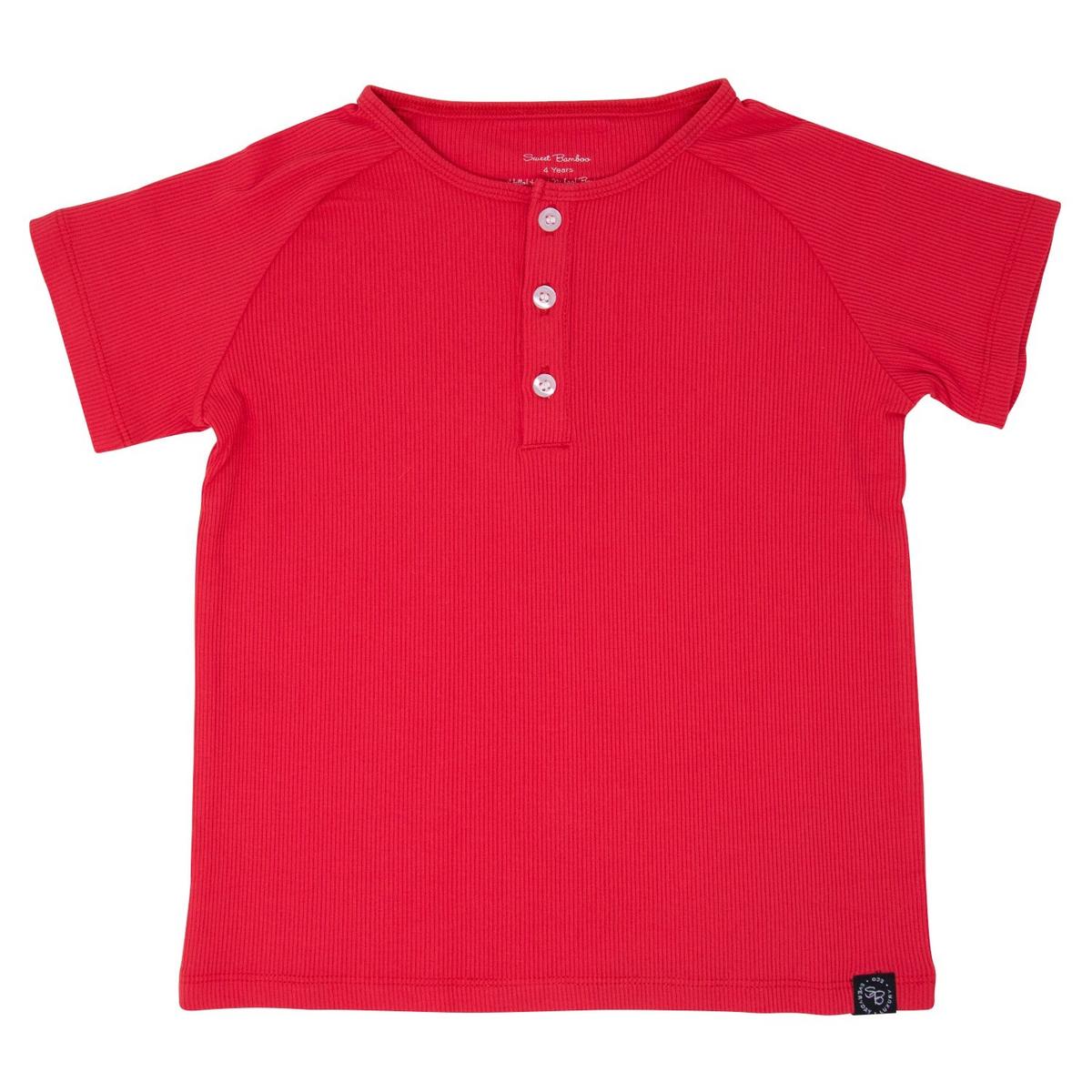 Short Sleeve Raglan Henley - Lollipop Red Ribbed