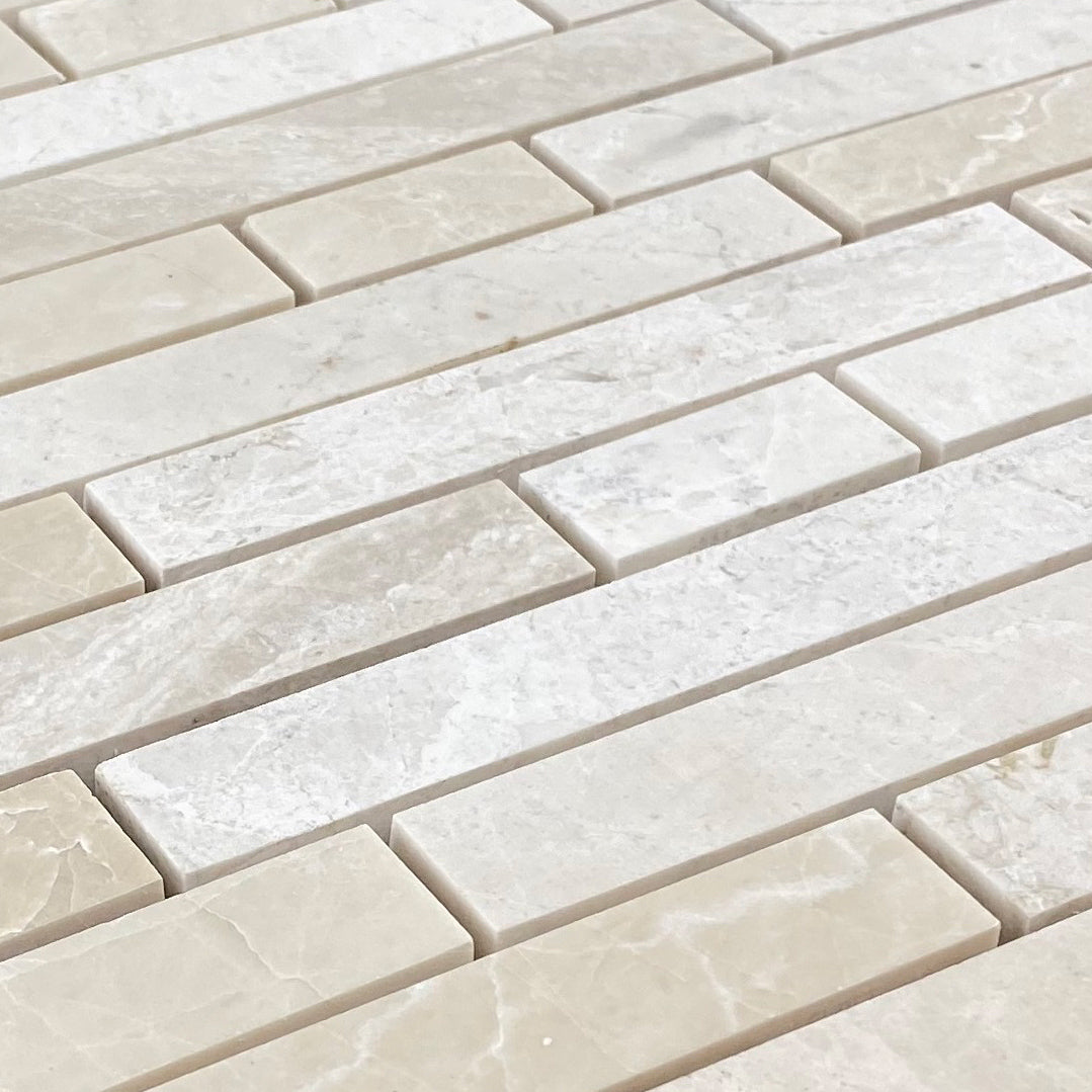 Vanilla Beige Marble Strip Liner on 12" x 12" Mesh Mosaic Tile - Belair Collection