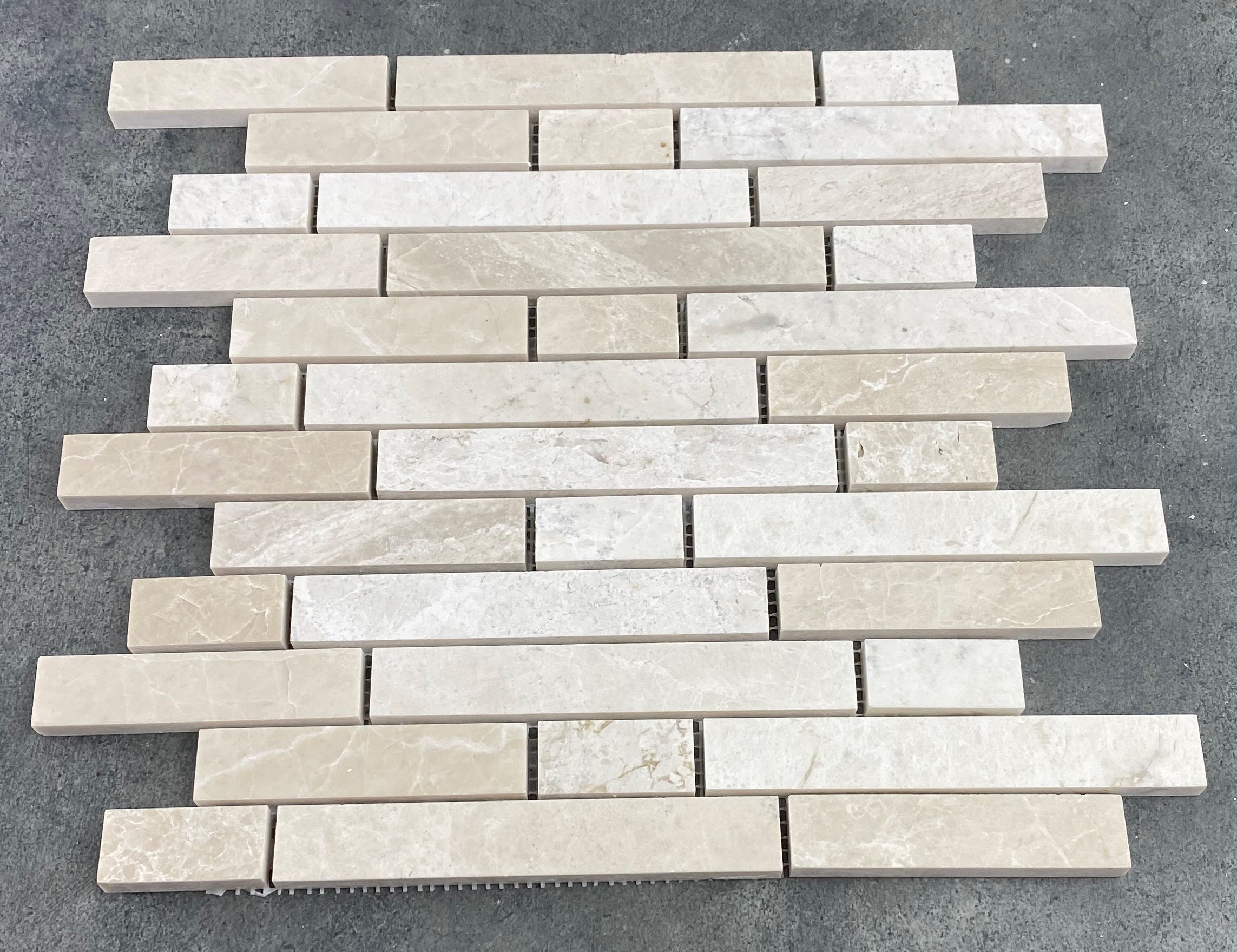 Vanilla Beige Marble Strip Liner on 12" x 12" Mesh Mosaic Tile - Belair Collection