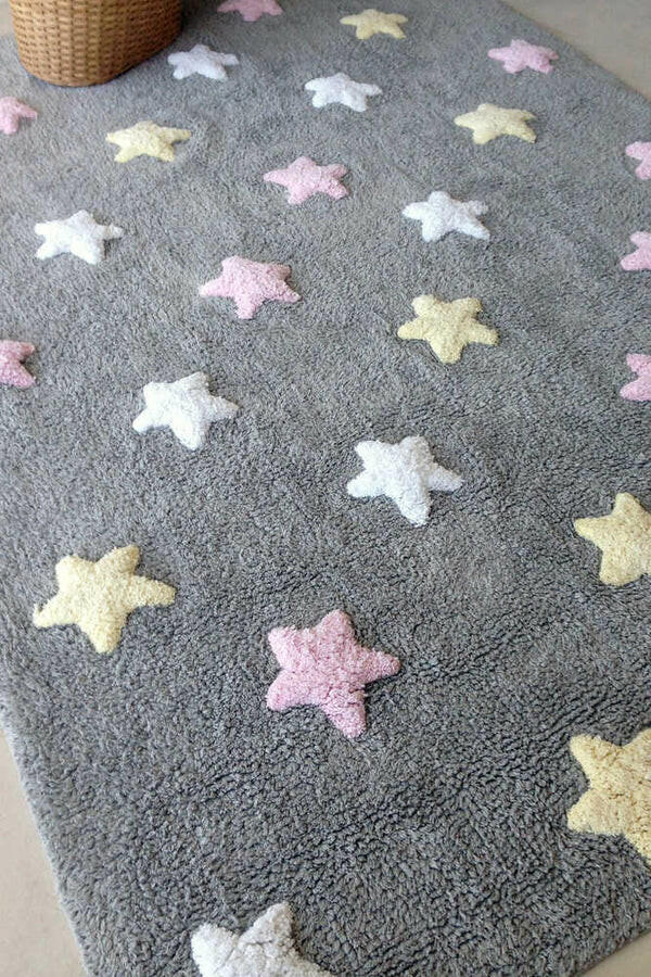 WASHABLE RUG TRICOLOR STARS GREY-PINK Little Wonder & Co