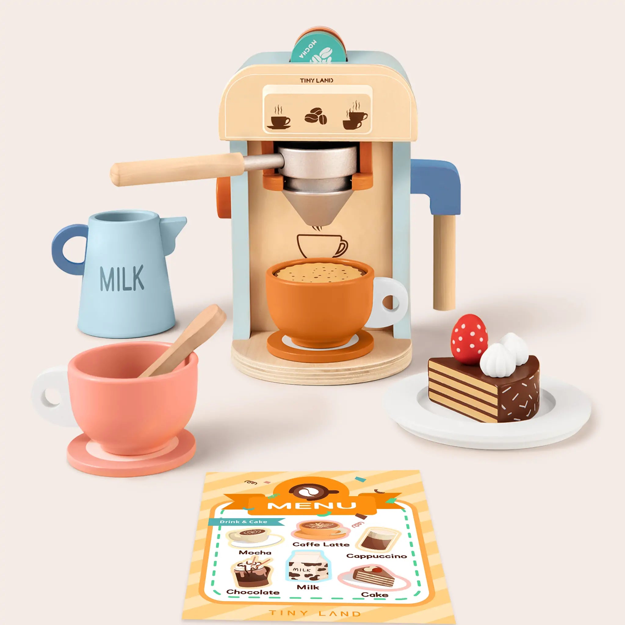 Tiny Land® Wooden Kids Play Coffee Maker Set Toy Cookware Tiny Land