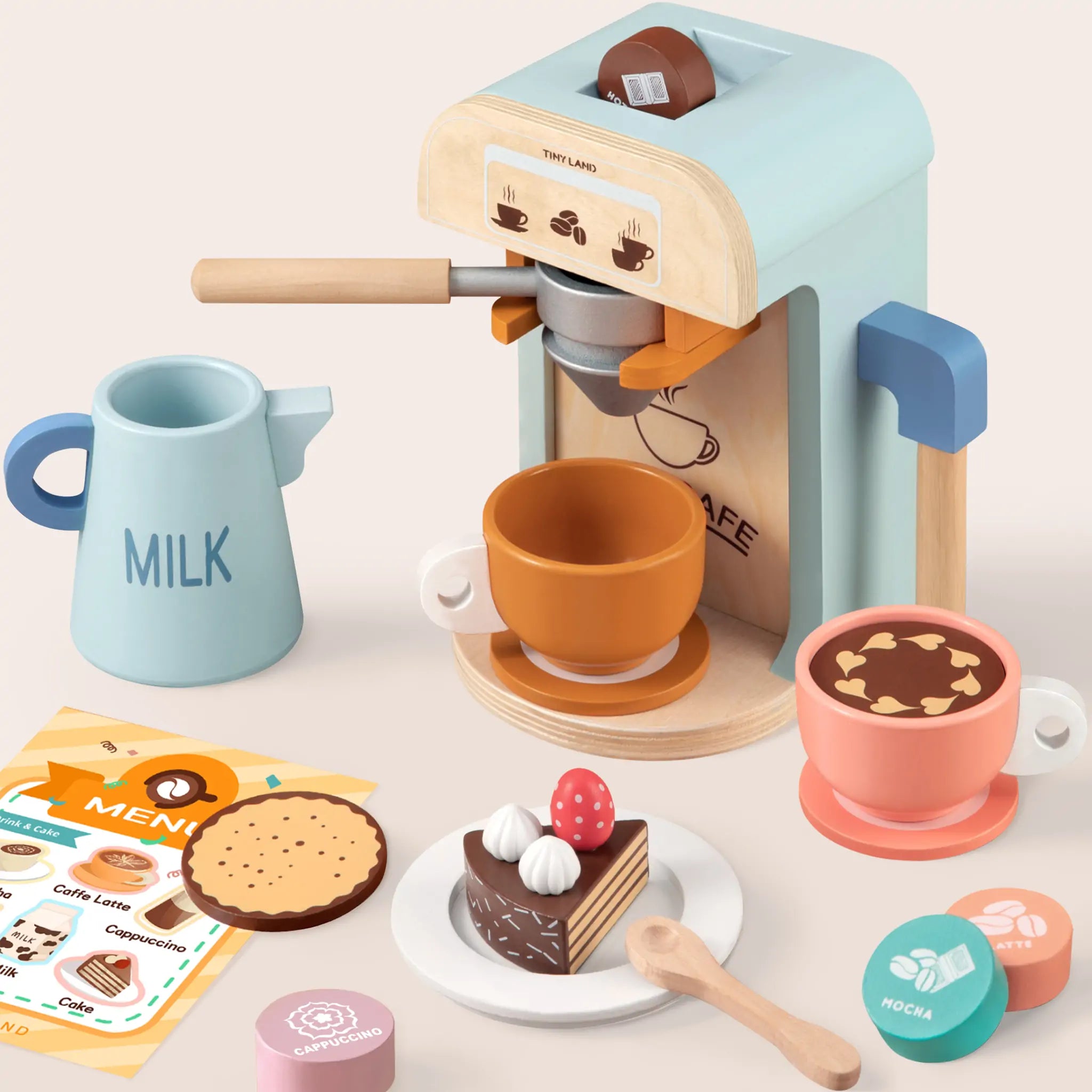 Tiny Land® Wooden Kids Play Coffee Maker Set Toy Cookware Tiny Land