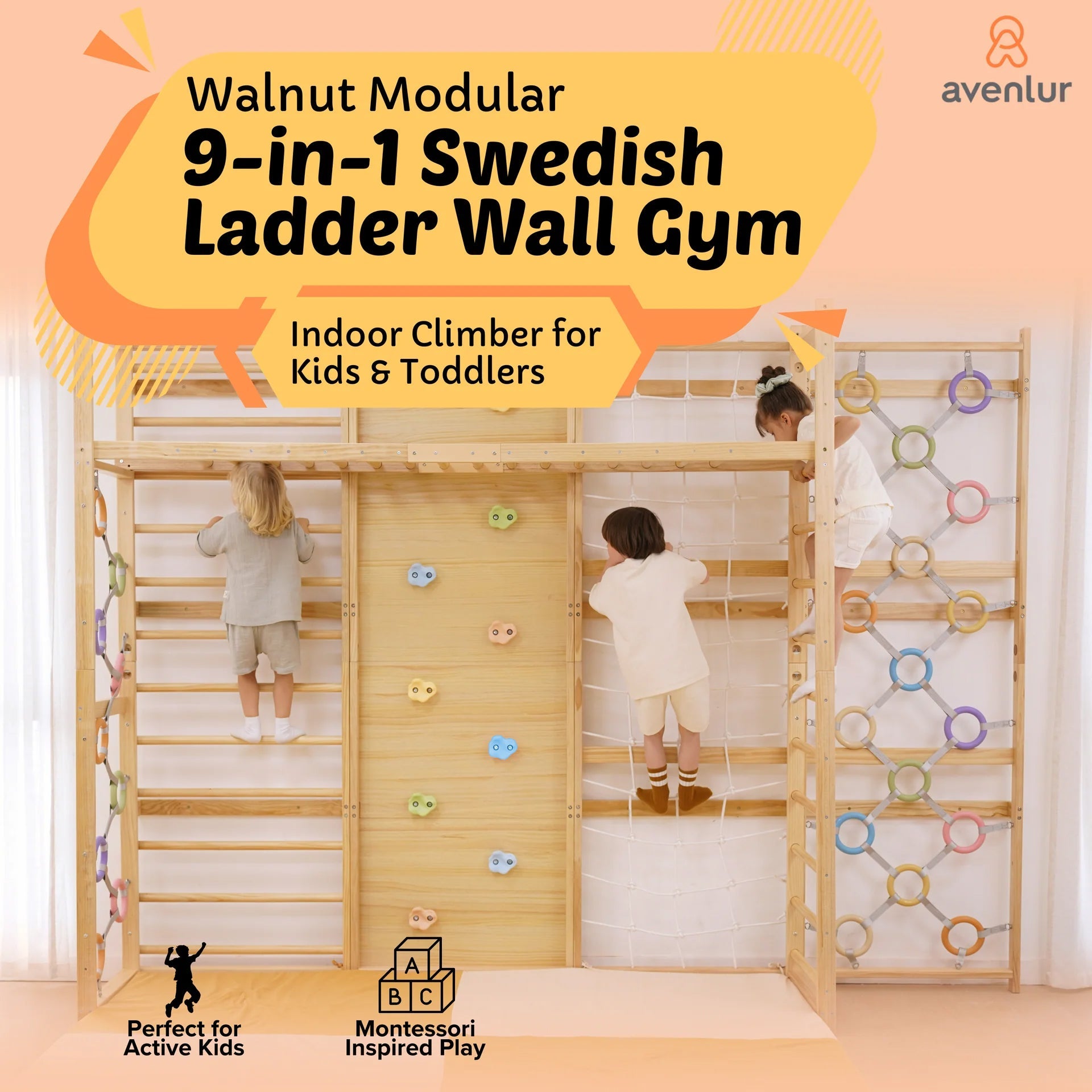 Walnut Modular | Swedish Ladder Jungle Gym - 79" Height - Wall Mounted