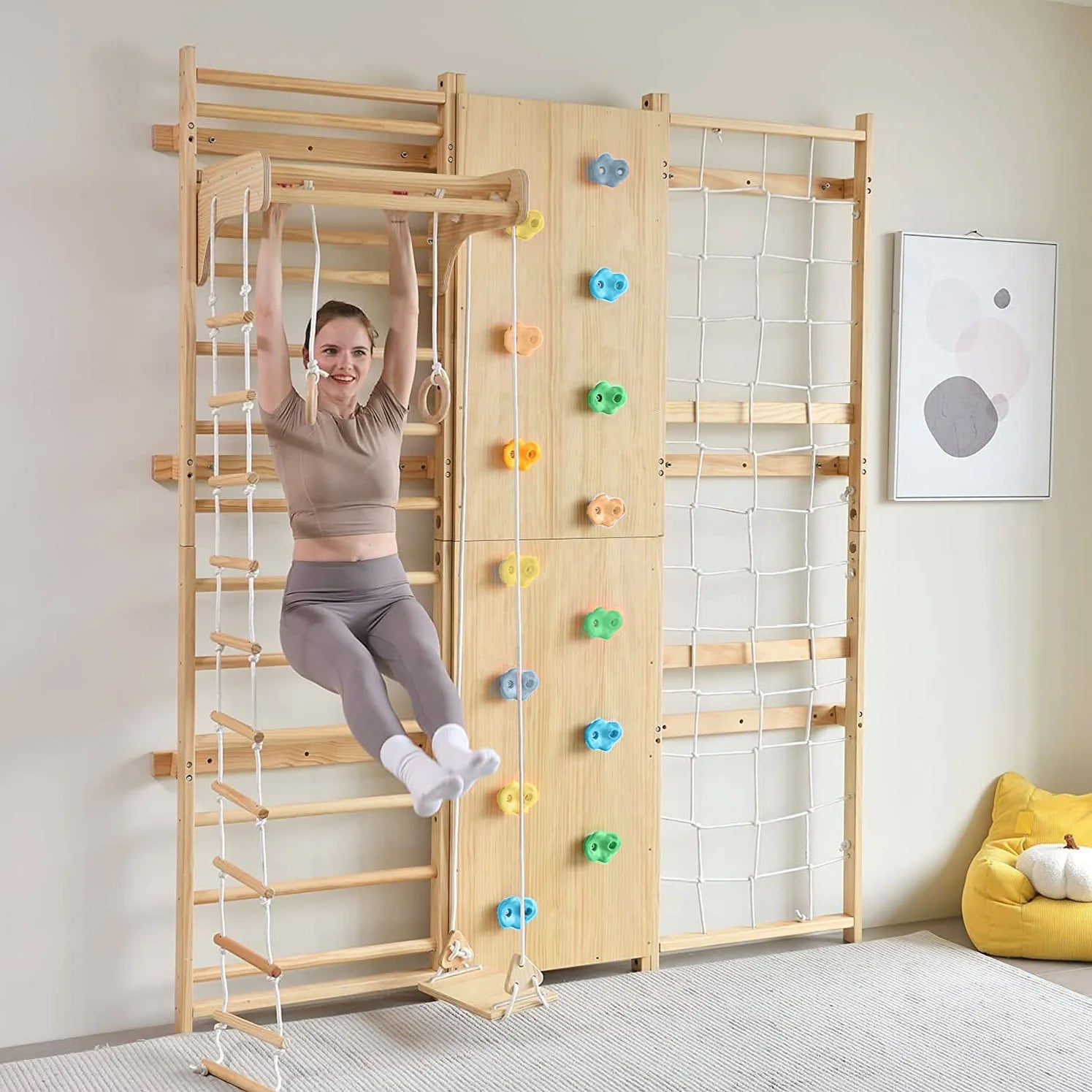 Walnut 9-in-1 Swedish Ladder Wall Gym | Indoor Wooden Climber & Activity Set for Kids - 95" Height