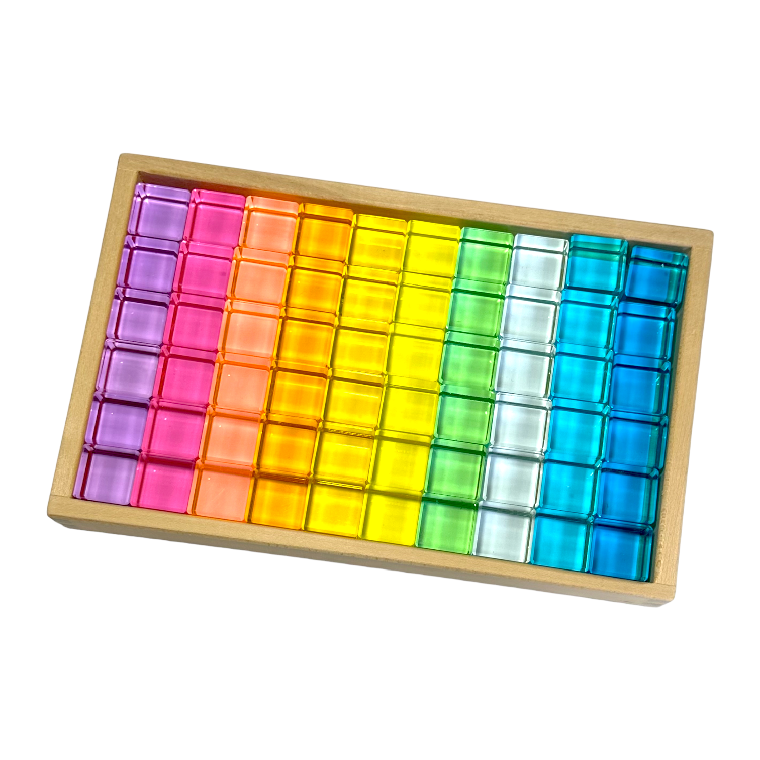 60 Pcs Crystal Clear Lucite Cubes Set with Wooden Tray – Rainbow or Pastel Colors