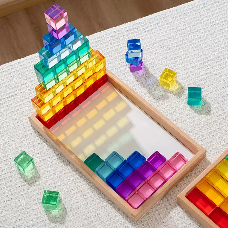 60 Pcs Crystal Clear Lucite Cubes Set with Wooden Tray – Rainbow or Pastel Colors