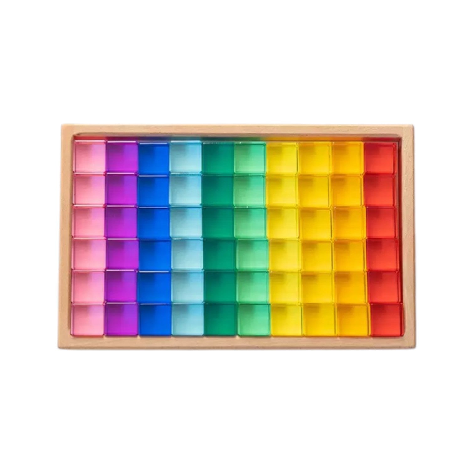 60 Pcs Crystal Clear Lucite Cubes Set with Wooden Tray – Rainbow or Pastel Colors