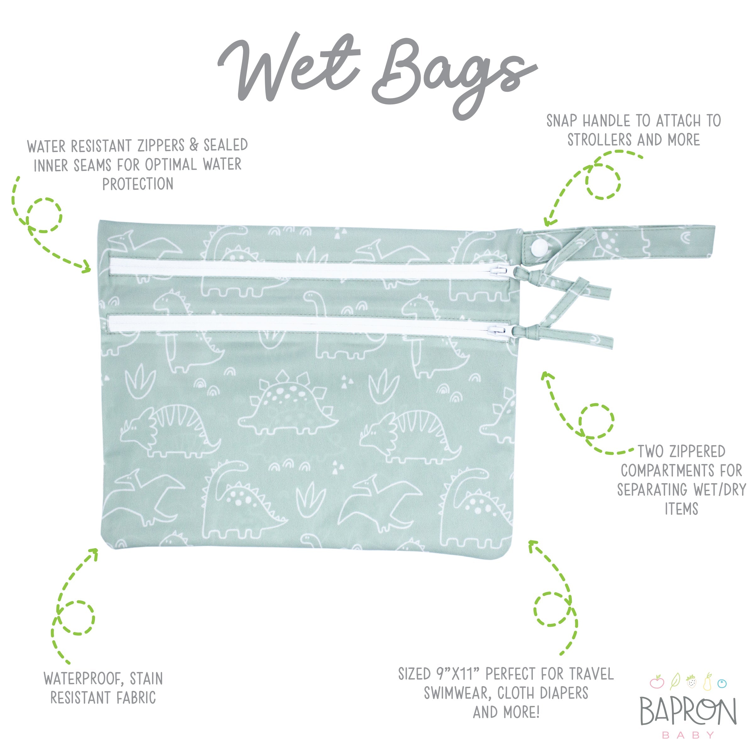 Dino Friends - Sage - Waterproof Wet Bag (For mealtime, on-the-go, and more!) BapronBaby