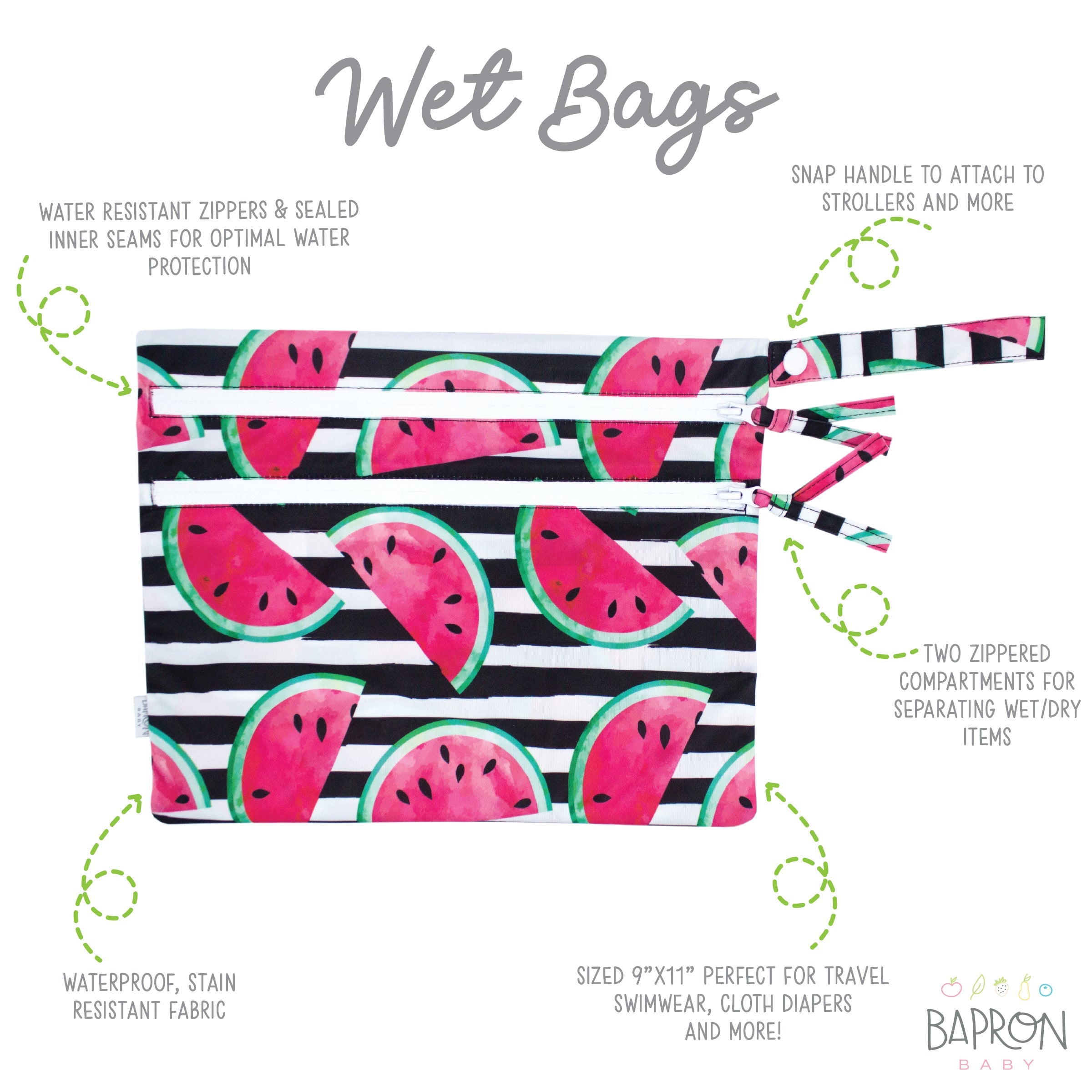 Summer Stripes - Watermelon - Waterproof Wet Bag (For mealtime, on-the-go, and more!) BapronBaby