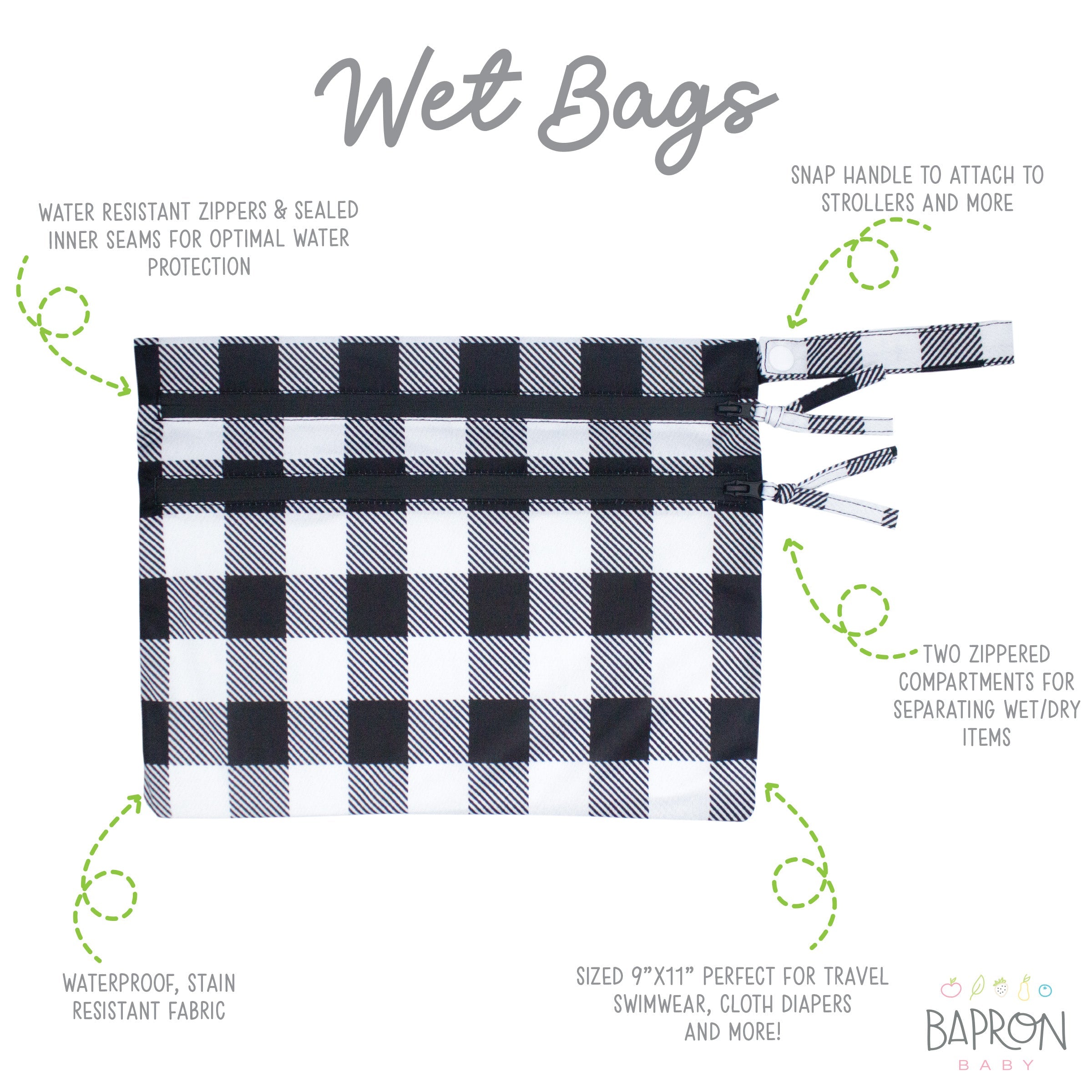 White Buffalo Plaid - Waterproof Wet Bag (For mealtime, on-the-go, and more!) BapronBaby