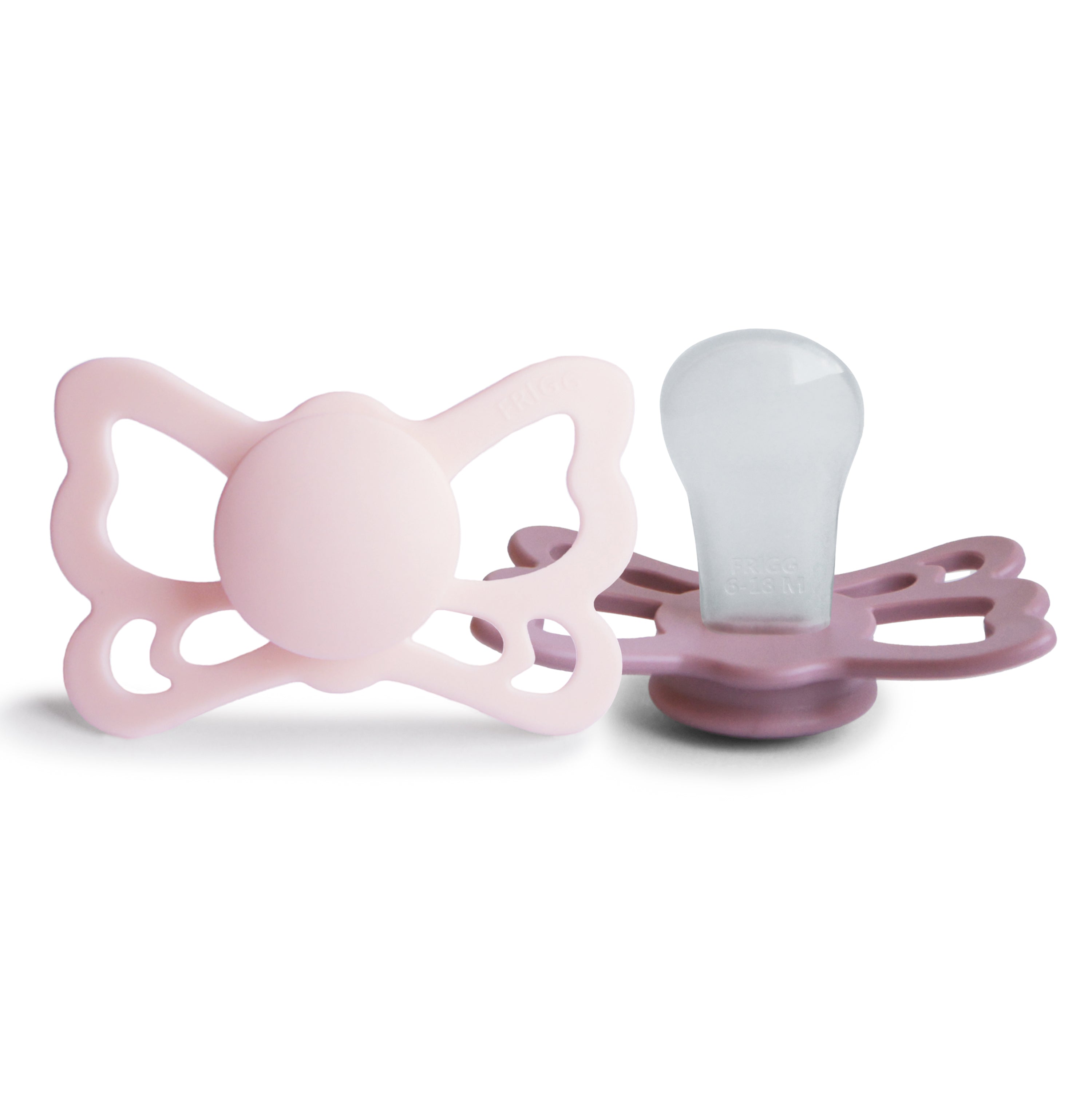 FRIGG Butterfly Anatomical Silicone Pacifier 2-Pack (6-18 Months) SILICONE FRIGG PACIFIERS Mushie White Lilac/Twilight Mauve