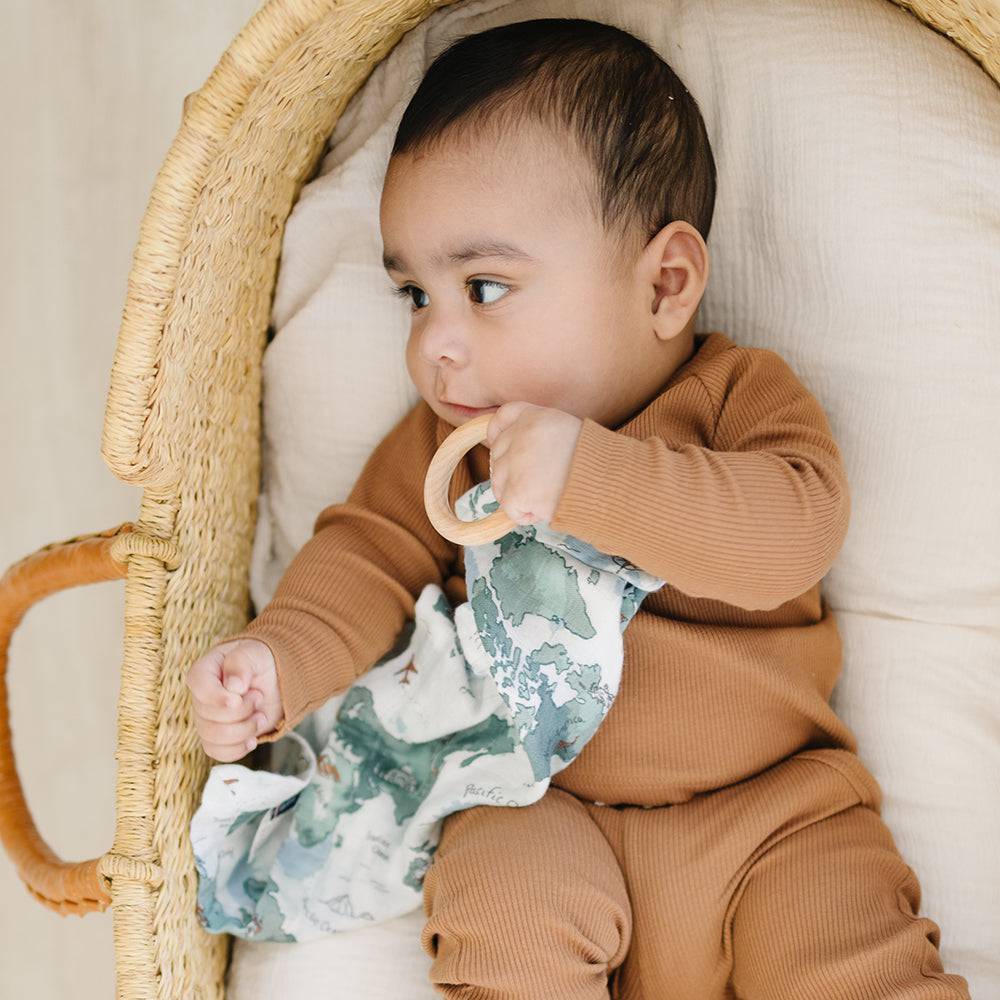 World Map Oh So Soft Muslin Teether Blanket Teether Blanket Bebe au Lait