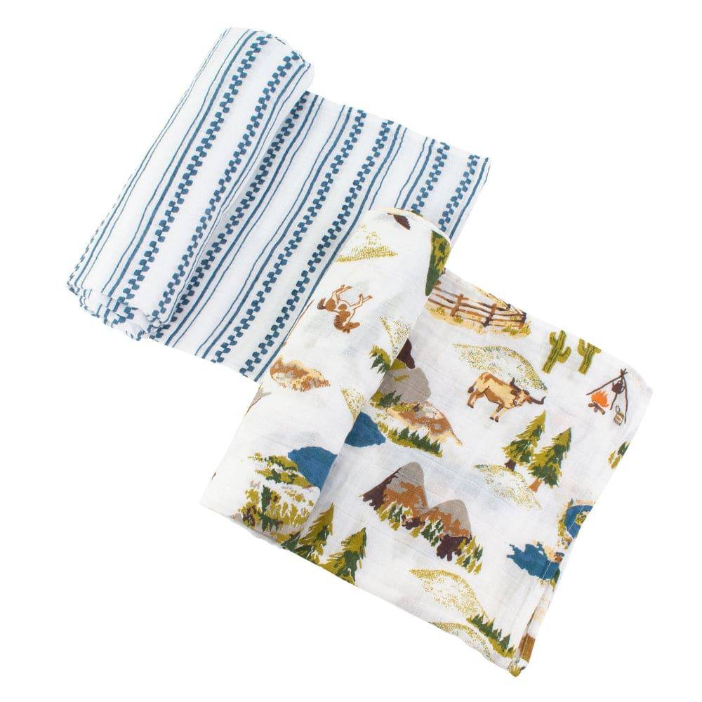 Muslin Swaddle Blanket Set Premium Cotton Wyoming + Western Stripe Swaddle Blanket Bebe au Lait