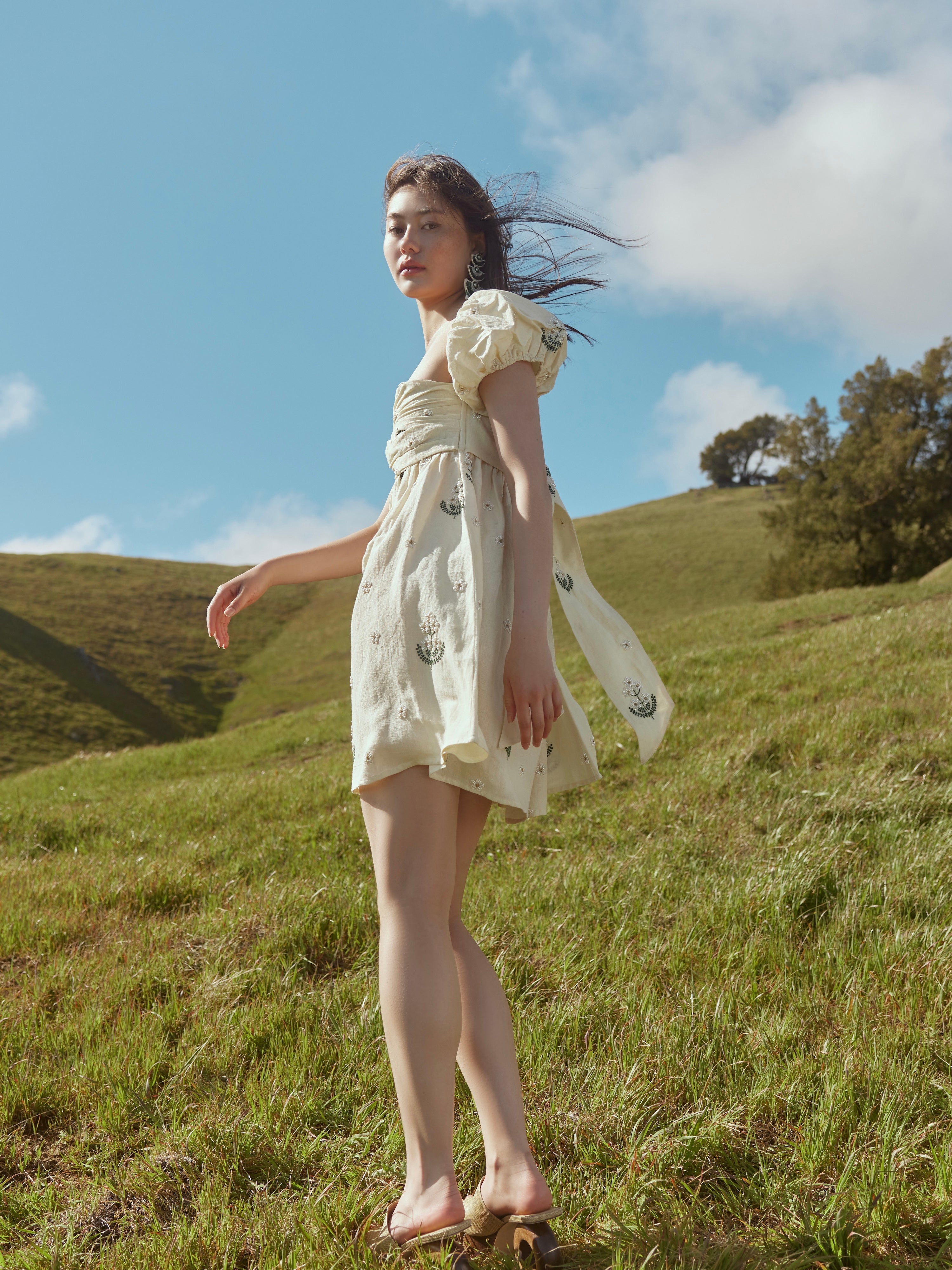 Meadow Beaded Puff Sleeve Mini Dress - Cream Crochet/Multicolor Floral Embroidery