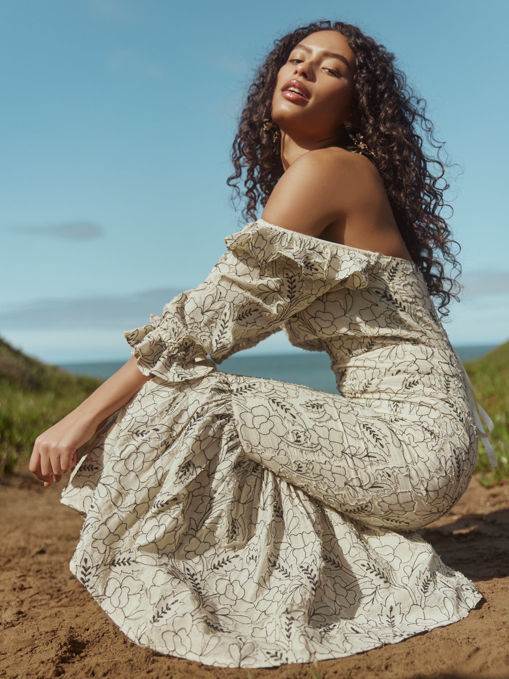 Maggie Embroidered Puff Sleeve Dress - Sand/Moonless Night Floral Outline Embroidery