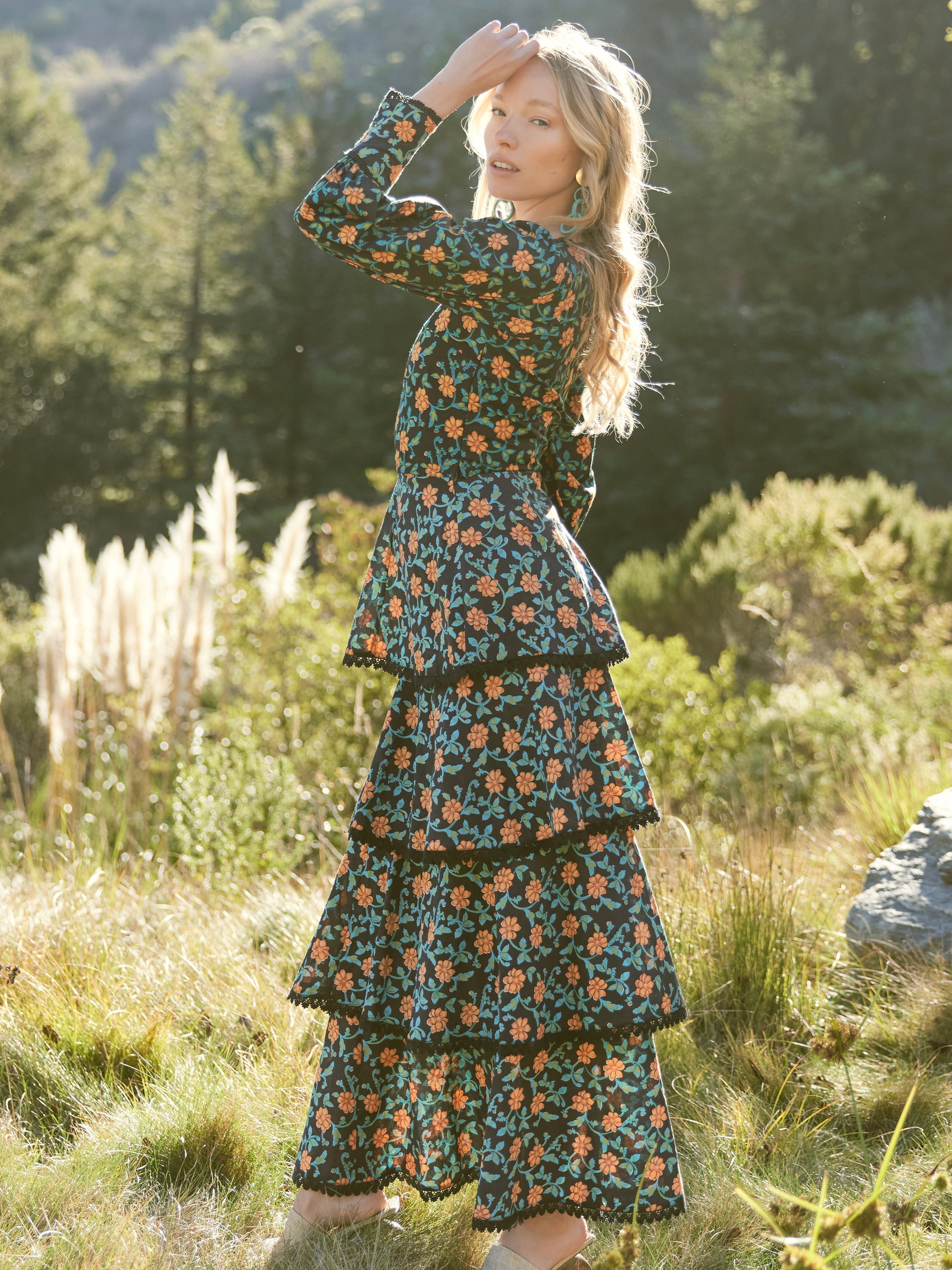 Victoria Embroidered Top - Faded Black/Bright Clementine & Moss Floral