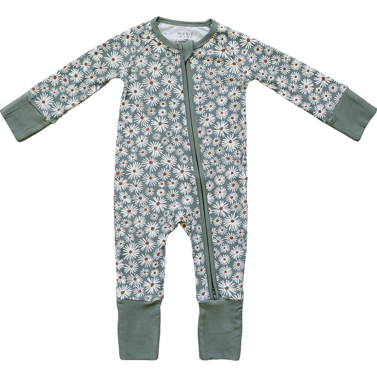 Dark Green Daisy Ribbed Bamboo Zipper Mebie Baby