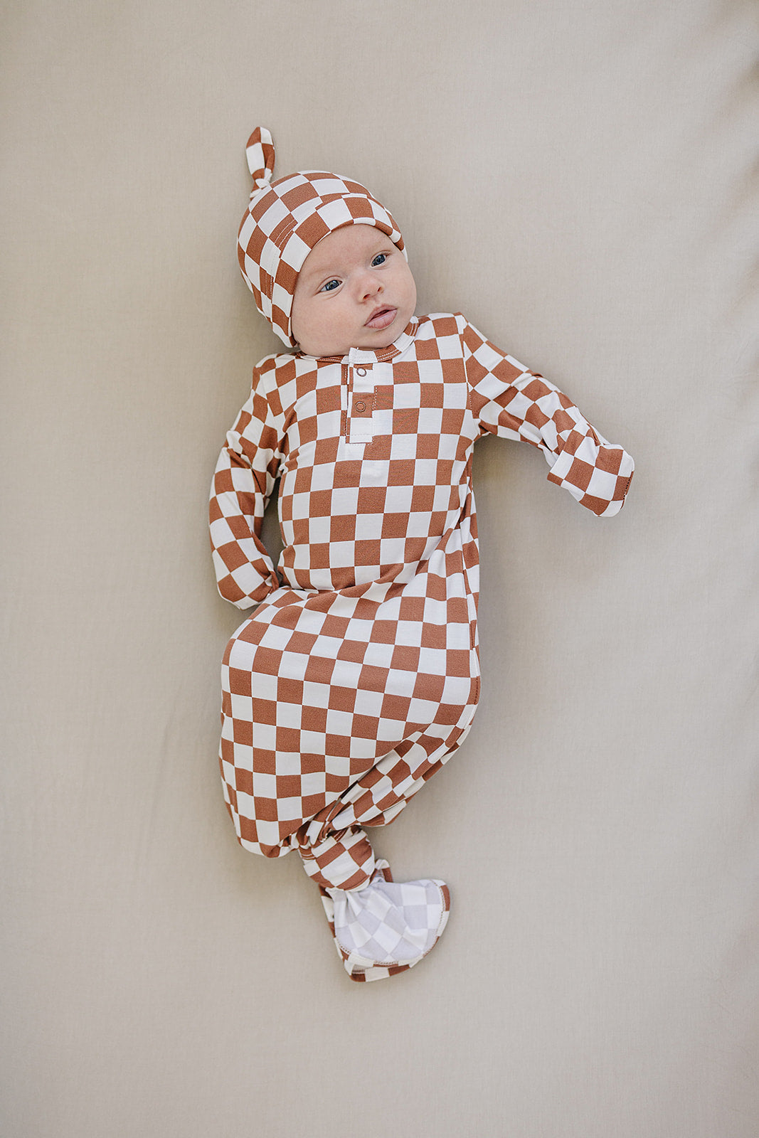 Rust Checkered Bamboo Knot Gown  Mebie Baby