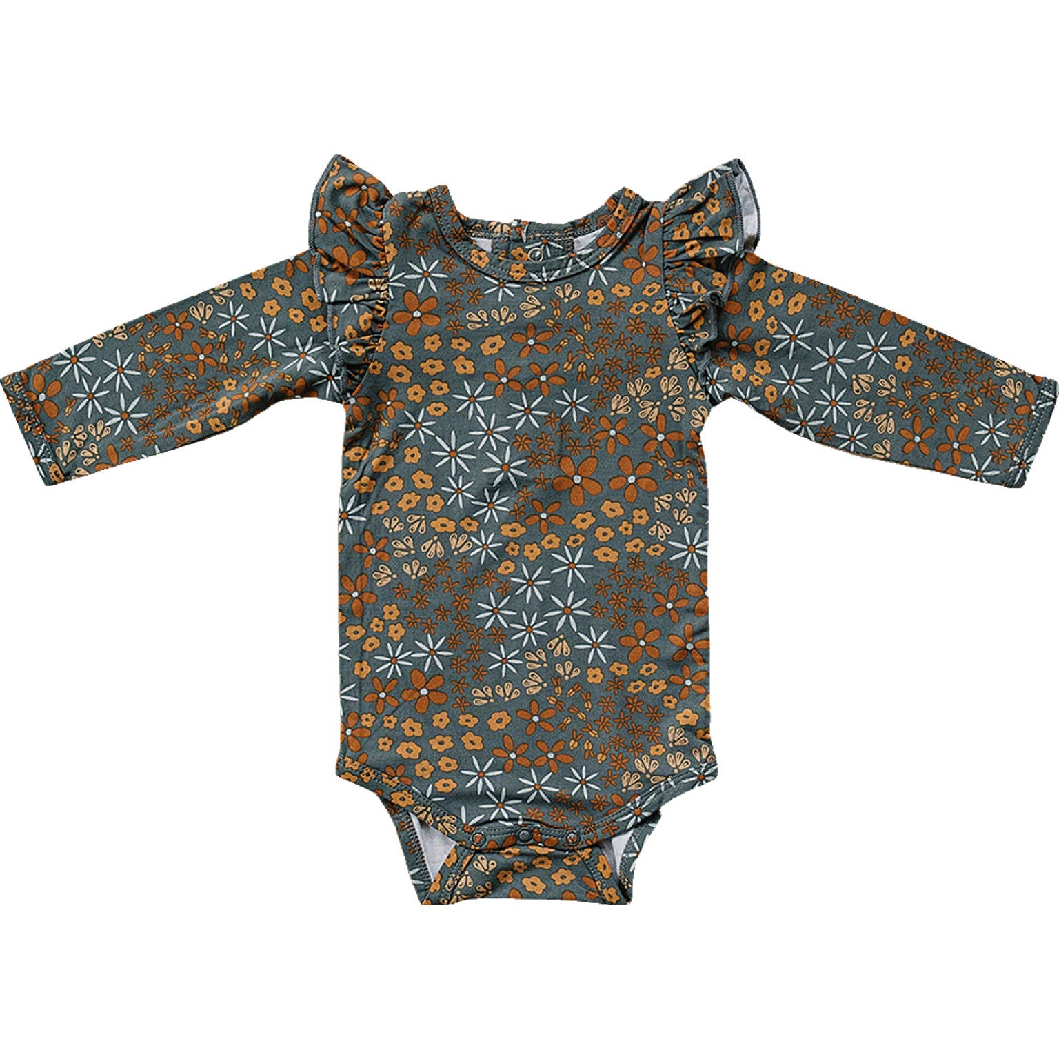 Navy Floral Ruffle Sleeve Bamboo Bodysuit Mebie Baby