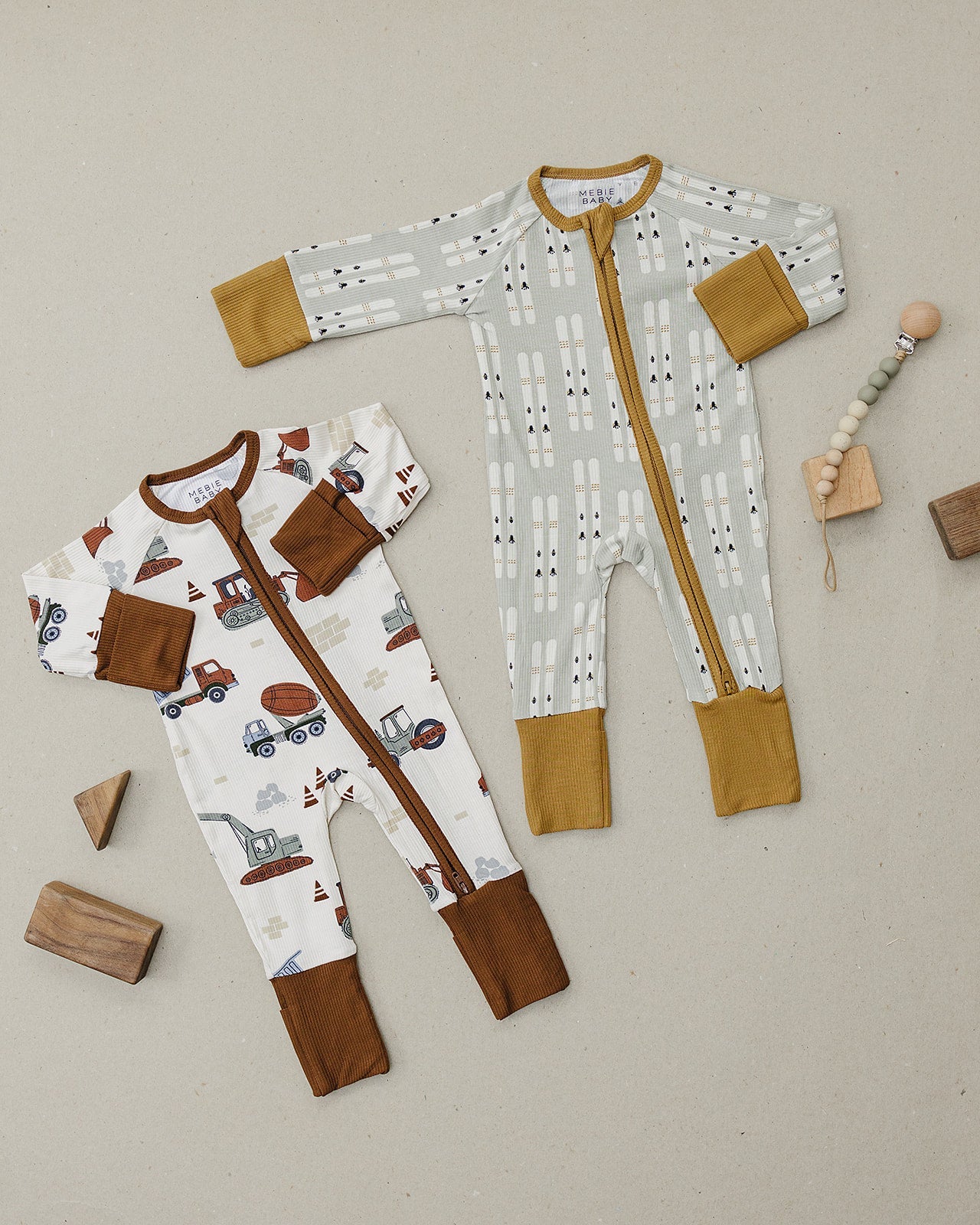 Construction Trucks Ribbed Bamboo Zipper Mebie Baby