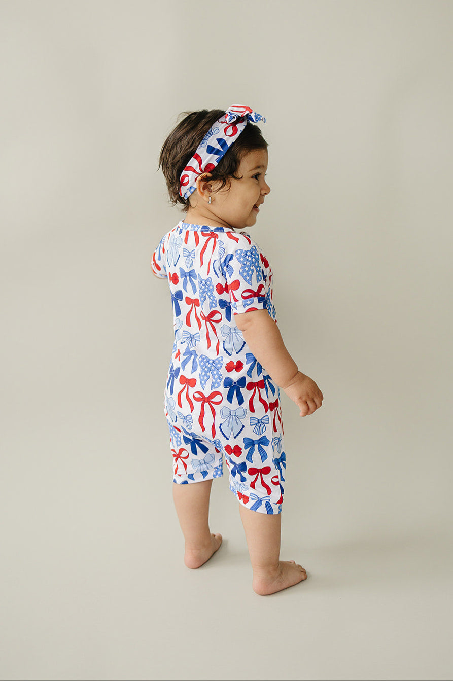 Bamboo Shorty Romper | Red-White & Bows