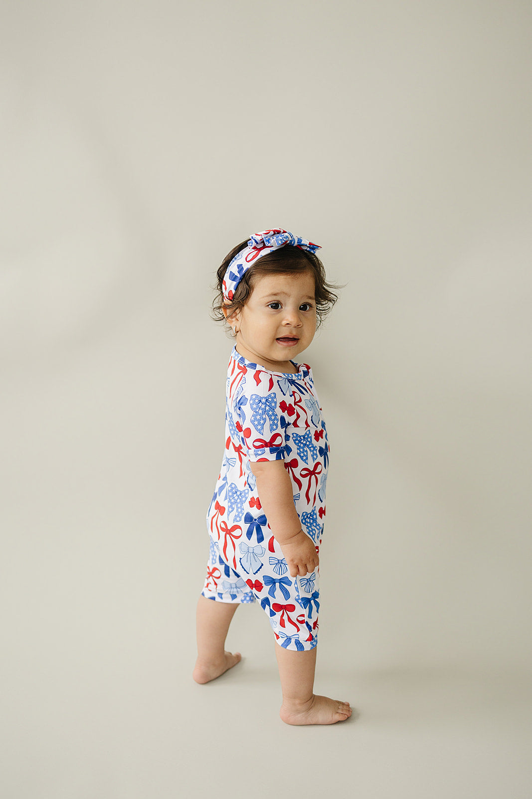 Bamboo Shorty Romper | Red-White & Bows