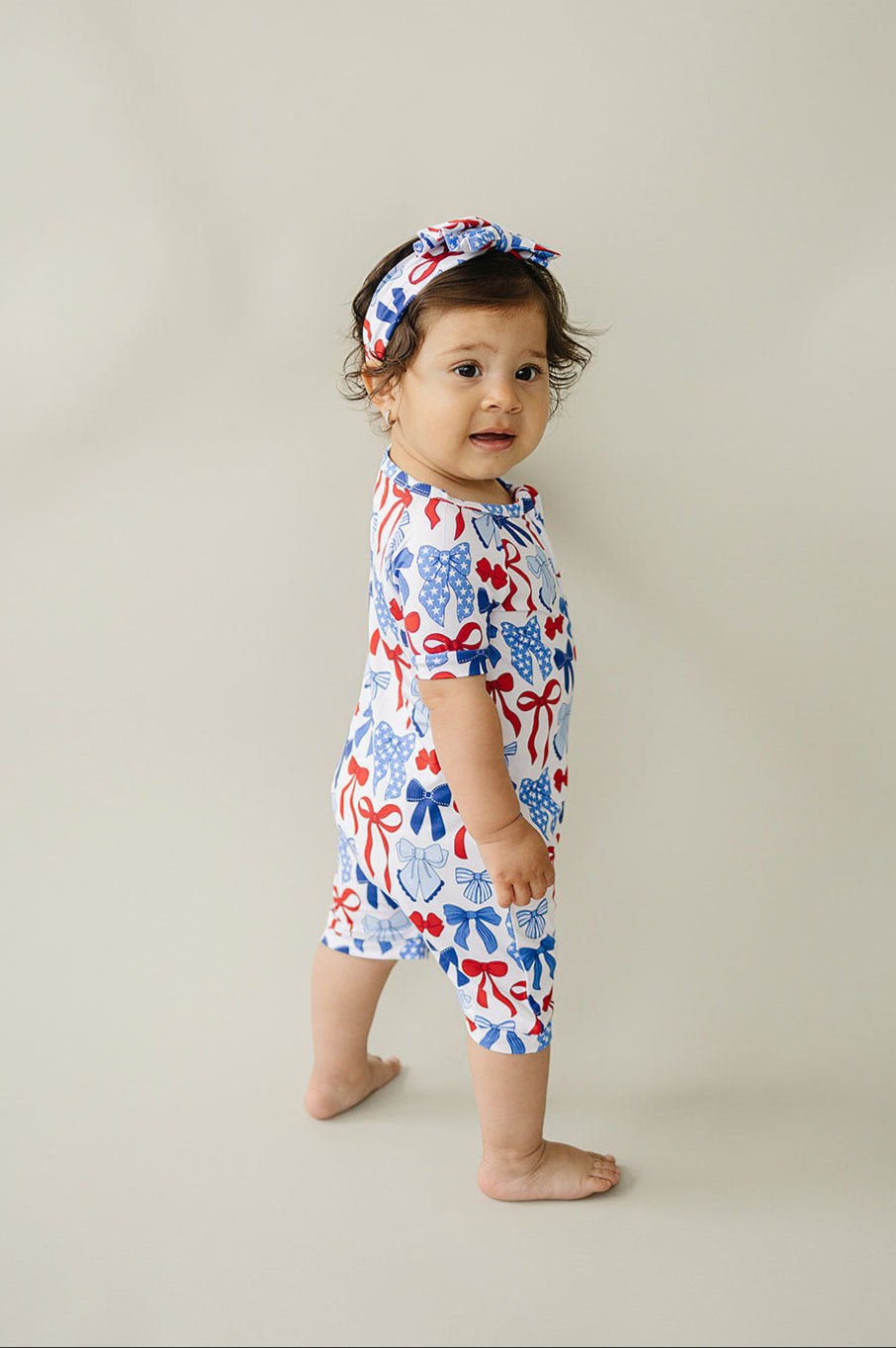 Bamboo Shorty Romper | Red-White & Bows