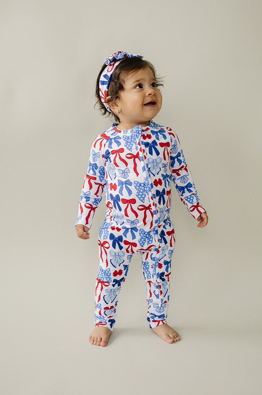 Bamboo Zip Romper | Red-White & Bows