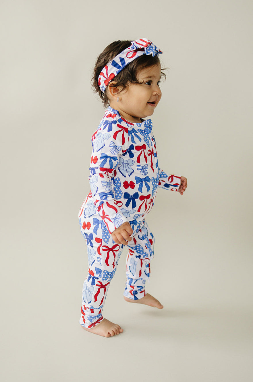 Bamboo Zip Romper | Red-White & Bows