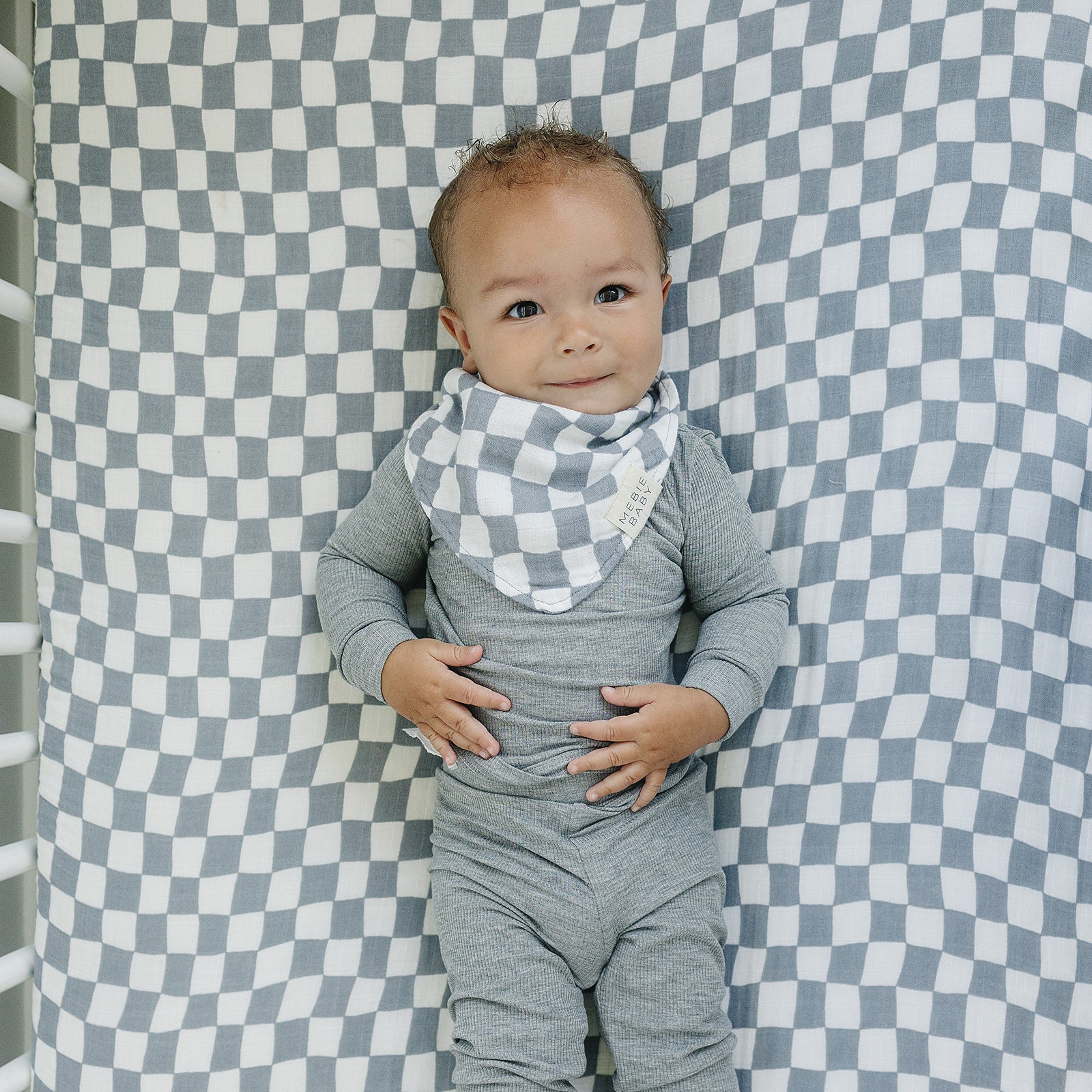 Dusty Blue Wavy Checkered Muslin Bib Mebie Baby