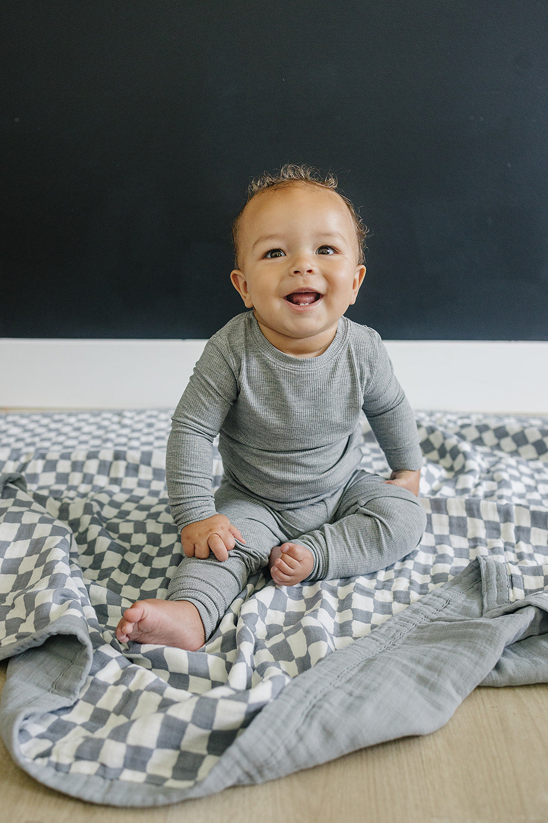 Dusty Blue Wavy Checkered Muslin Quilt Mebie Baby