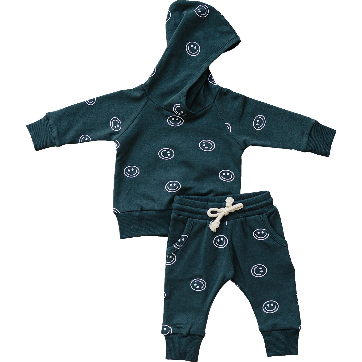 Dark Teal Smiley Hooded French Terry Set Mebie Baby