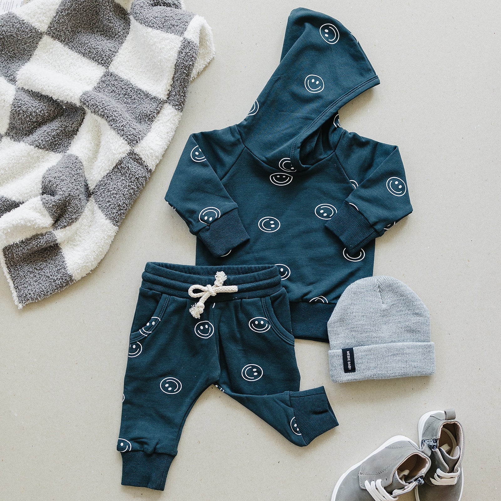 Dark Teal Smiley Hooded French Terry Set Mebie Baby