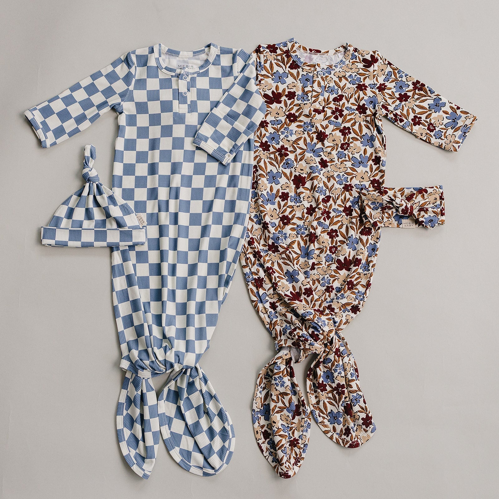 Blue Checkered Ribbed Bamboo Knot Gown